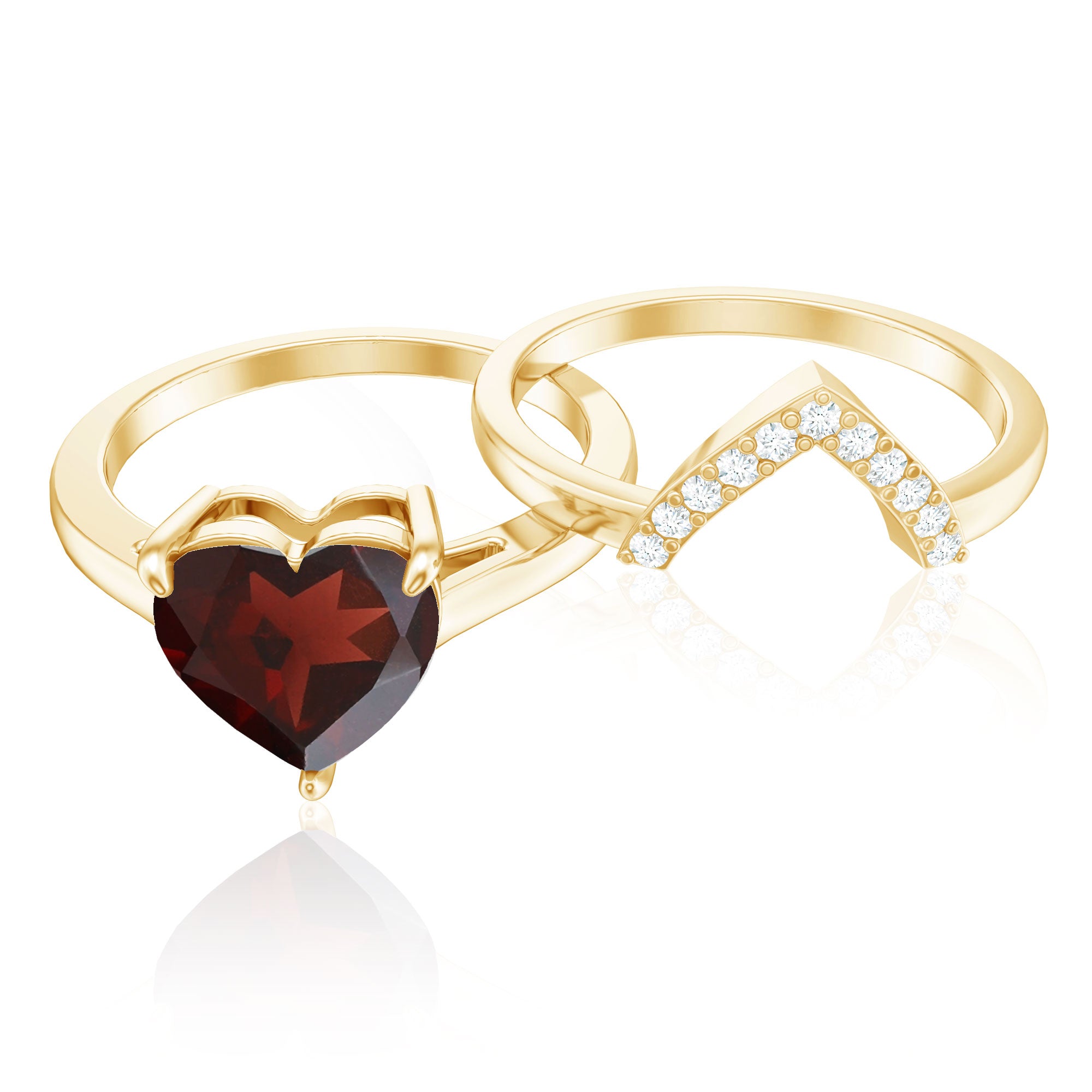 Real 8mm Garnet Diamond Heart Shaped Wedding Engagement Ring Set of 2 AAA - Rosec Jewels