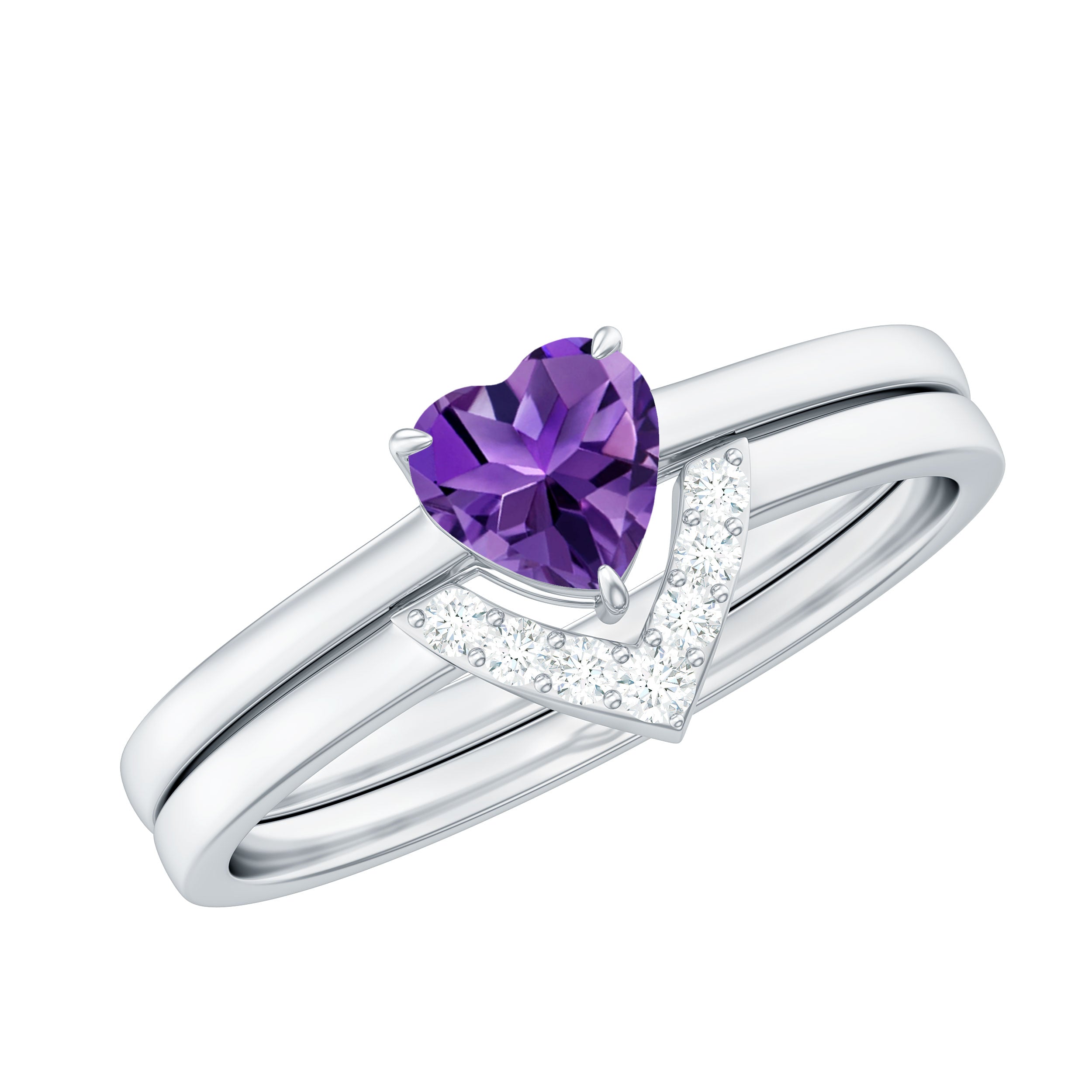 Rosec Jewels-Natural Heart Shape Amethyst Engagement Ring Set with Diamond