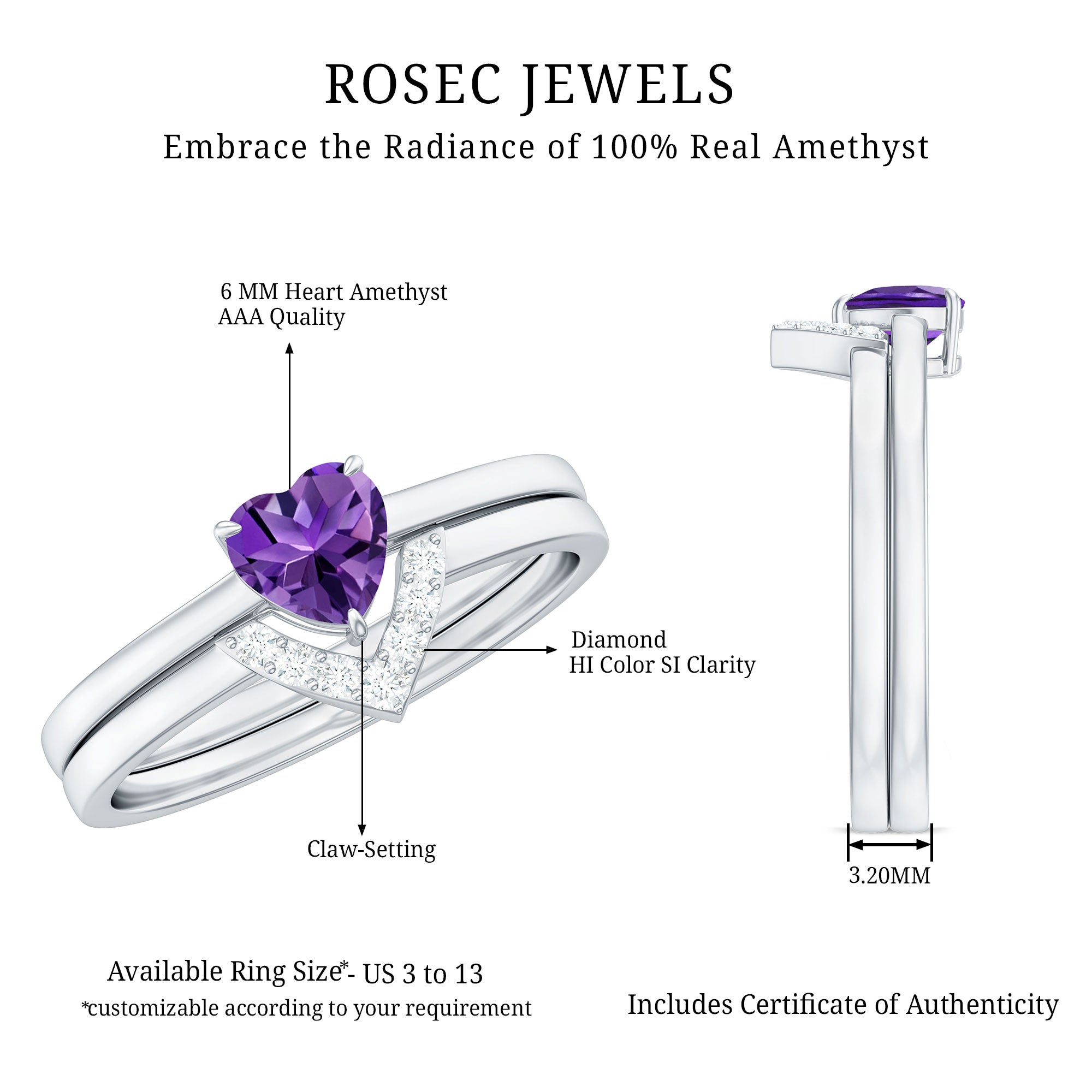 Rosec Jewels-Natural Heart Shape Amethyst Engagement Ring Set with Diamond