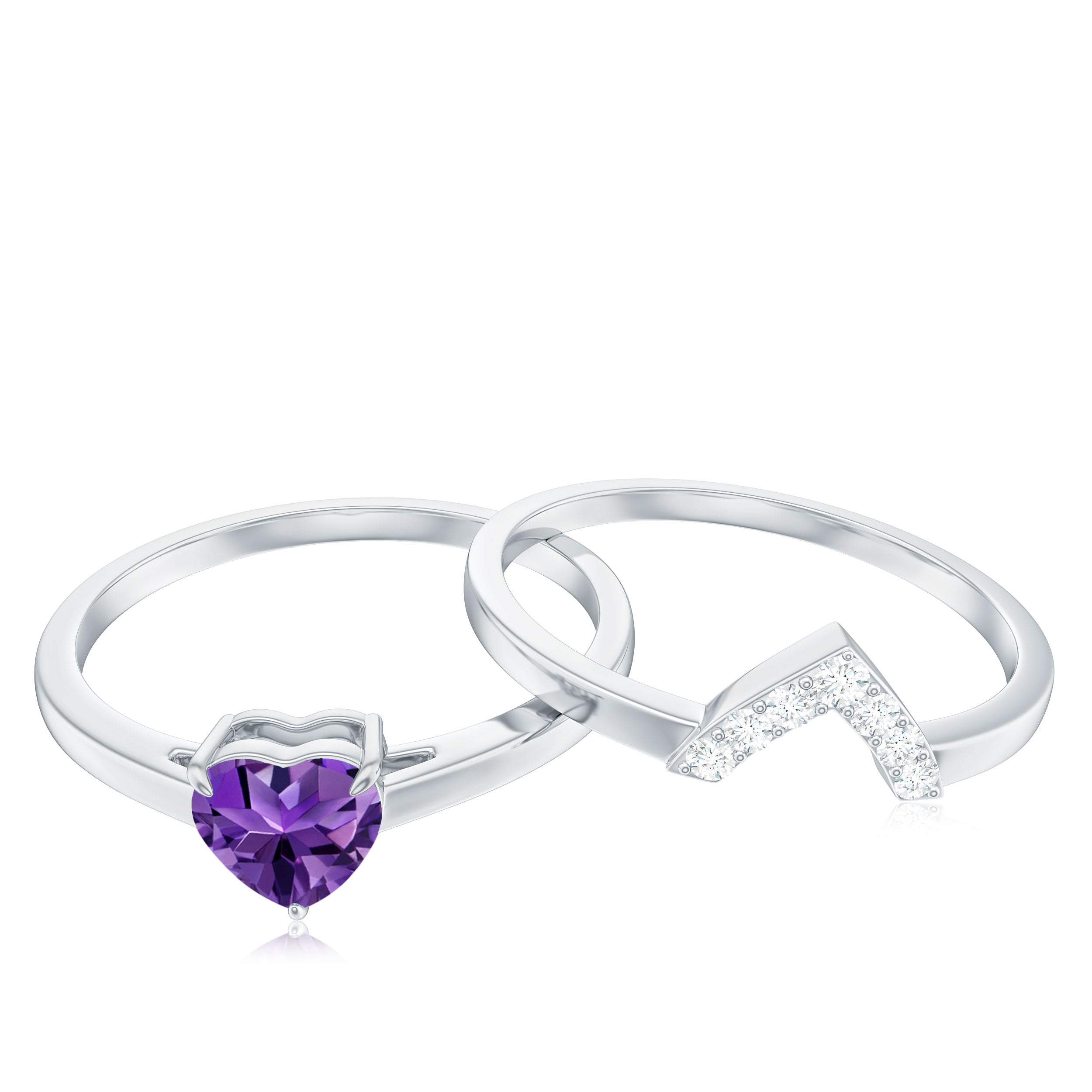 Rosec Jewels-Natural Heart Shape Amethyst Engagement Ring Set with Diamond