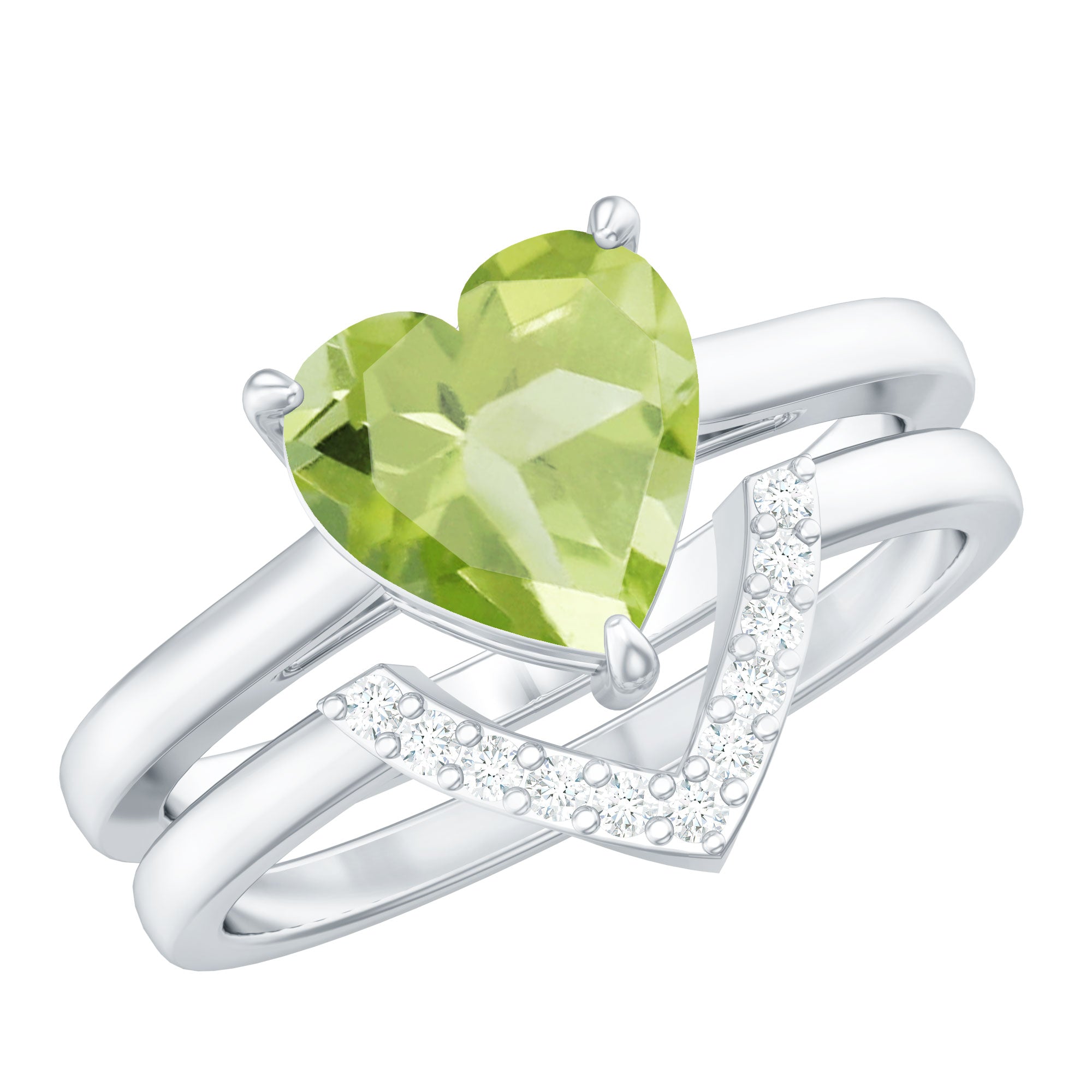 Natural 2 Carat Heart Shape Peridot Wedding Ring Set of 2 with Diamond AAA - Rosec Jewels