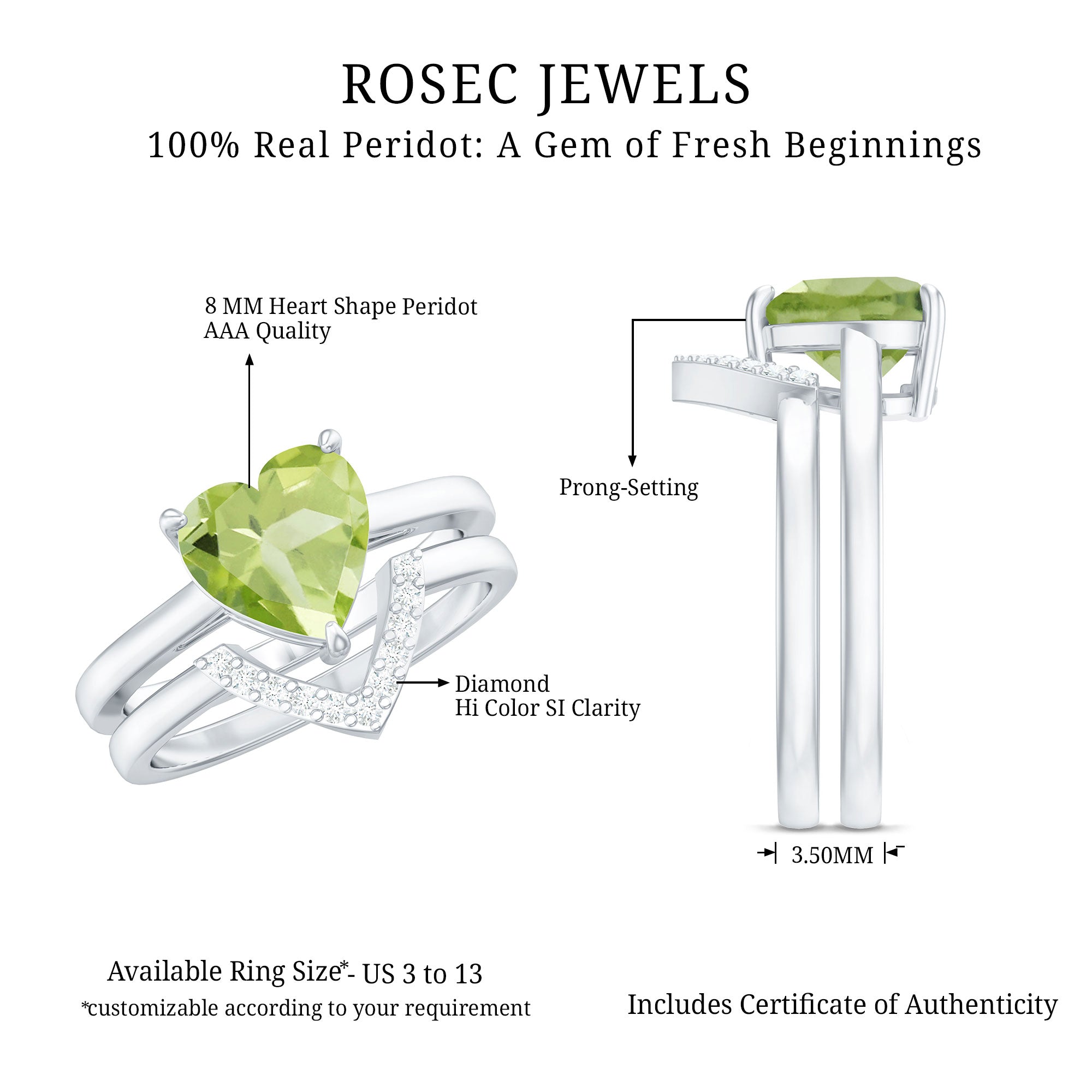 Natural 2 Carat Heart Shape Peridot Wedding Ring Set of 2 with Diamond AAA - Rosec Jewels