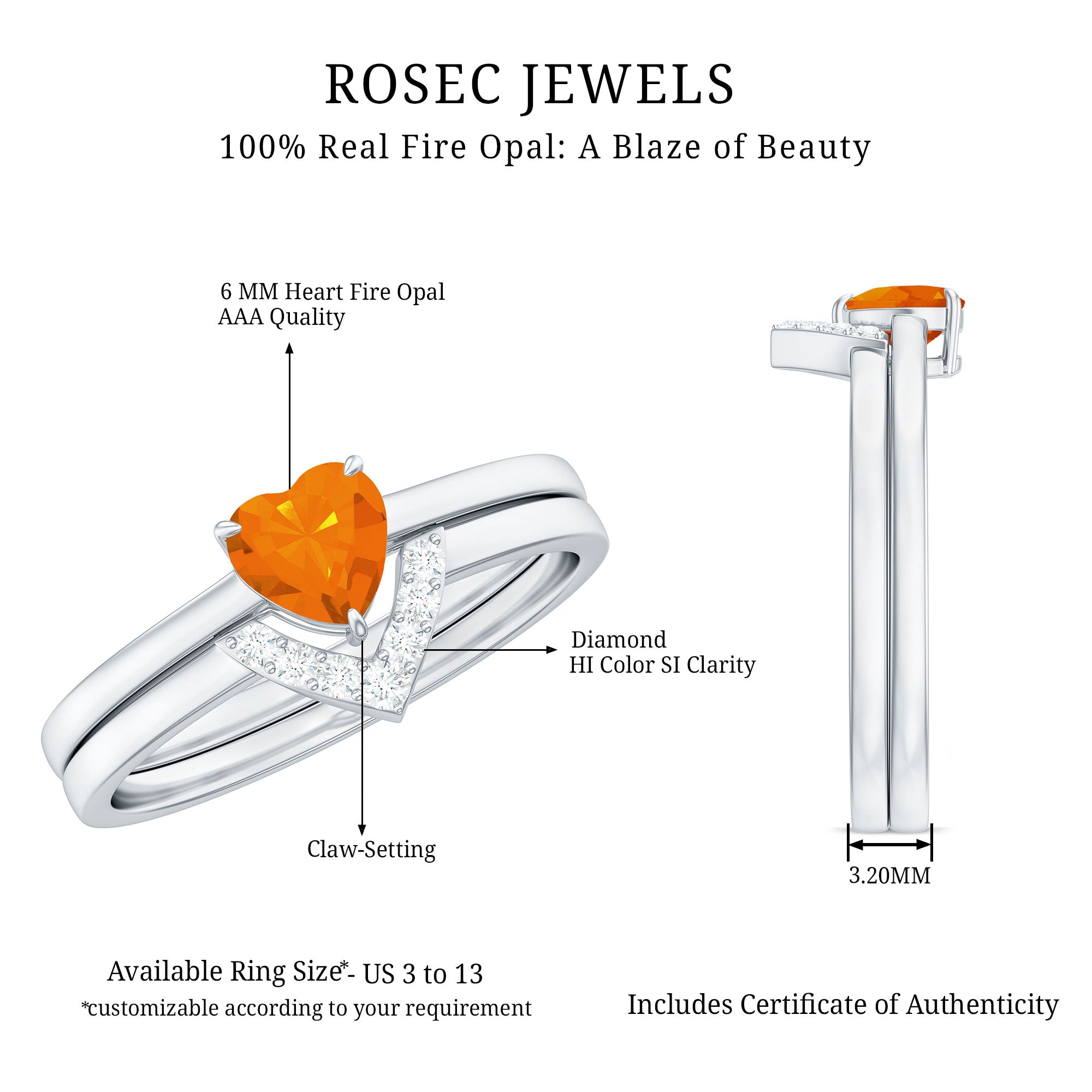 Natural Fire Opal Heart Solitaire Ring Set with Diamond Band AAA - Rosec Jewels