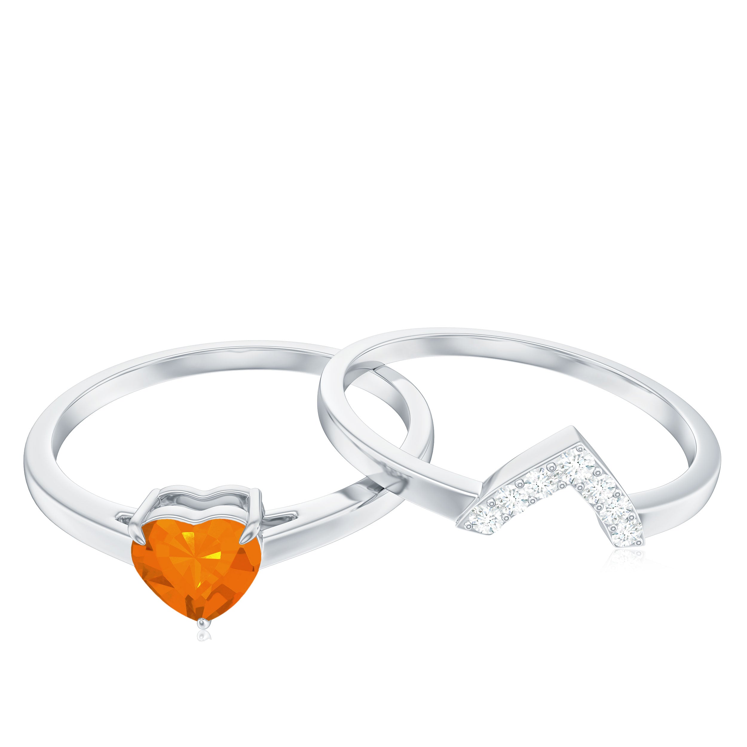 Natural Fire Opal Heart Solitaire Ring Set with Diamond Band AAA - Rosec Jewels