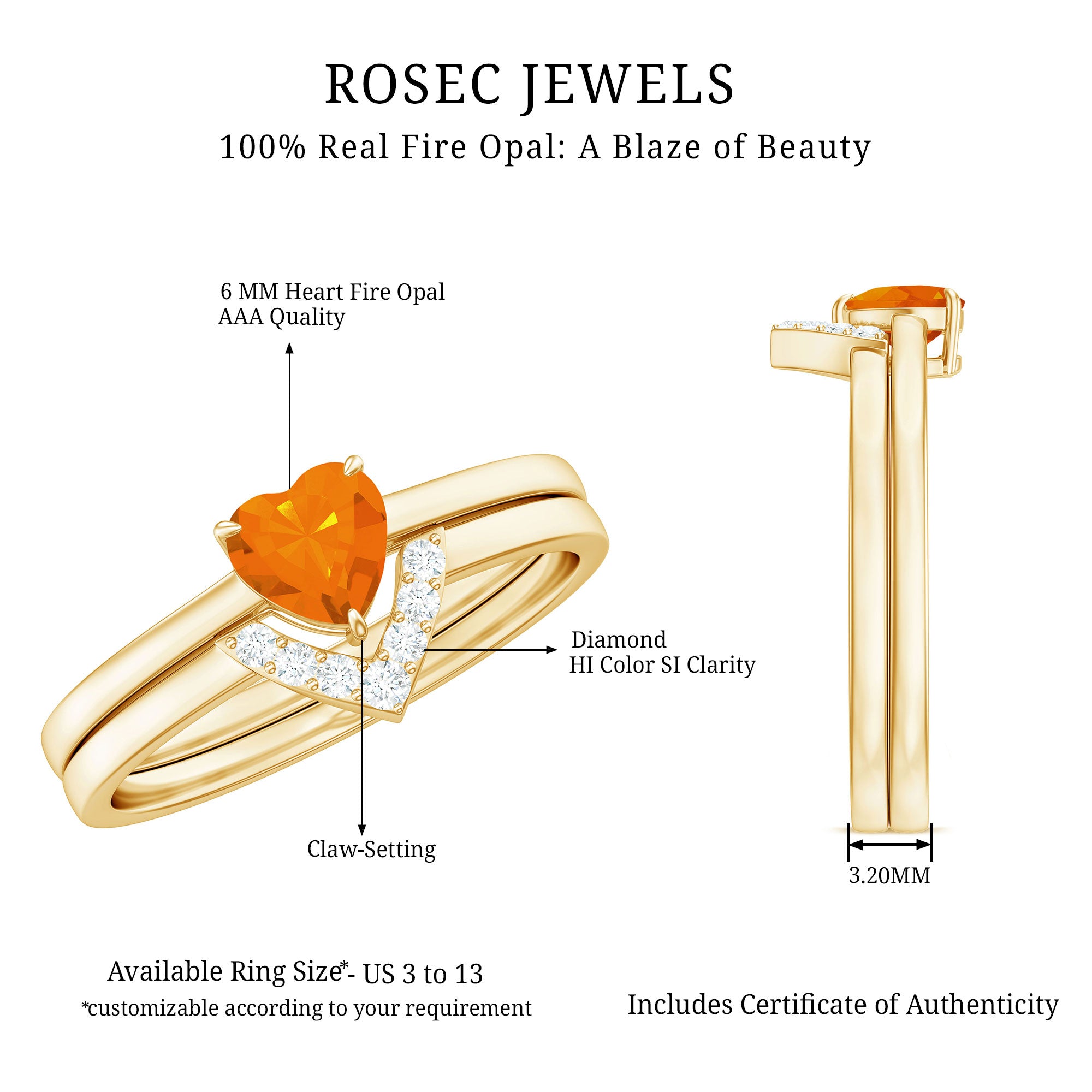 Natural Fire Opal Heart Solitaire Ring Set with Diamond Band AAA - Rosec Jewels