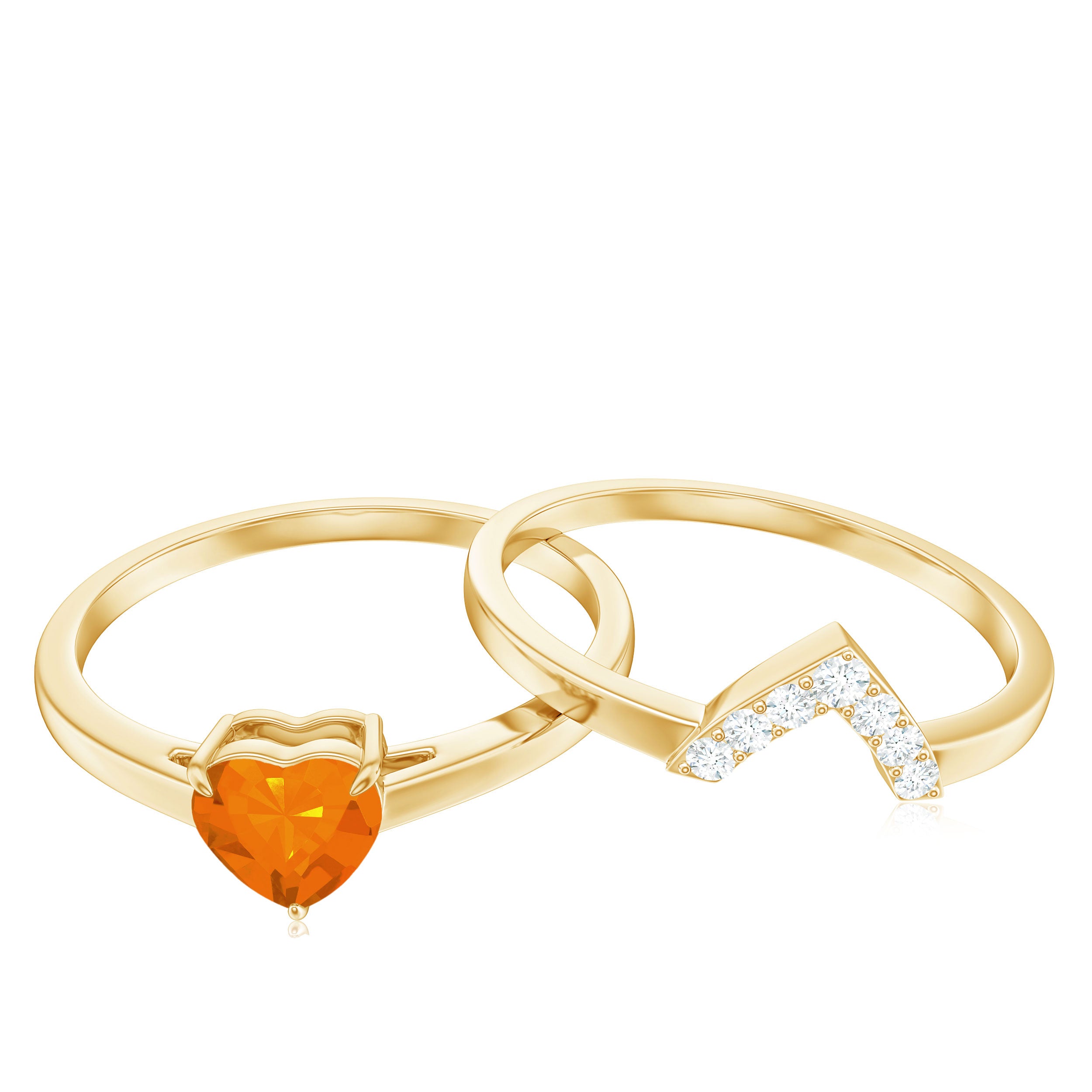 Natural Fire Opal Heart Solitaire Ring Set with Diamond Band AAA - Rosec Jewels