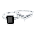 Emerald Cut Created Black Diamond and Diamond Engagement Ring Set AAAA ( Synthetic ) - Rosec Jewels