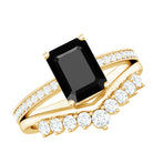 Emerald Cut Created Black Diamond and Diamond Engagement Ring Set AAAA ( Synthetic ) - Rosec Jewels