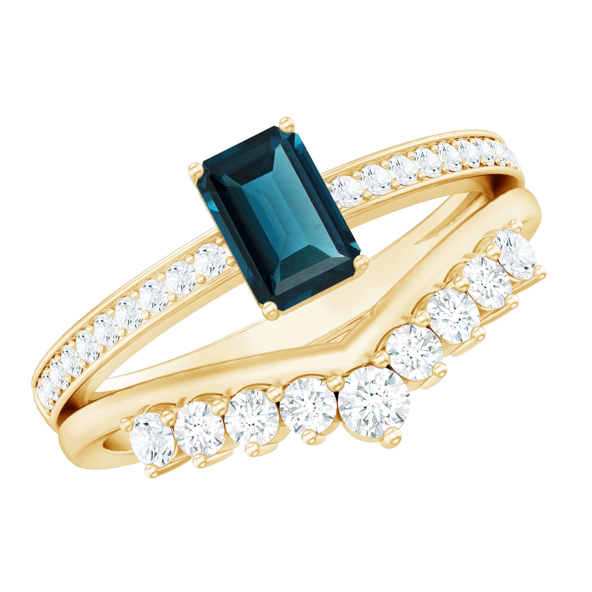Rosec Jewels-London Blue Topaz Engagement Ring with Diamond Wedding Band