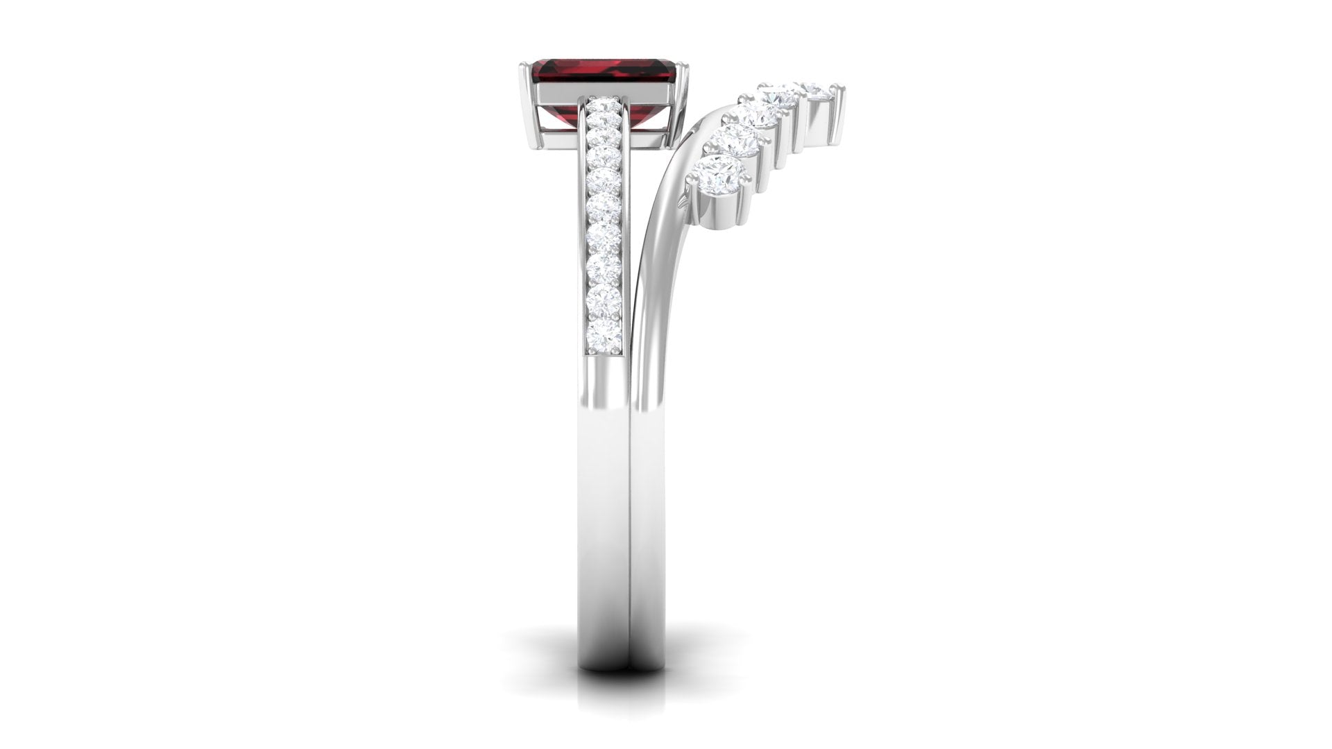 Natural Garnet Emerald Cut Engagement Ring With Diamond Wedding Band AAA - Rosec Jewels