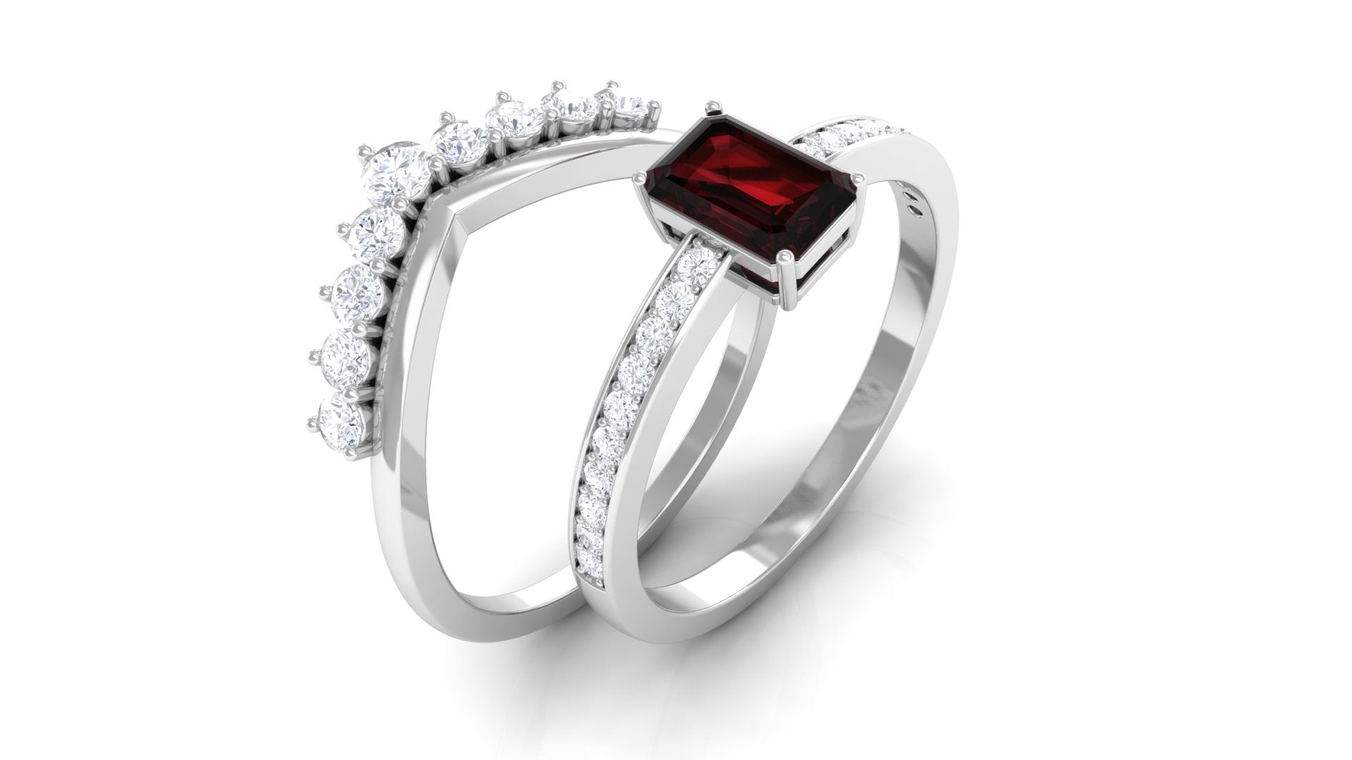 Natural Garnet Emerald Cut Engagement Ring With Diamond Wedding Band AAA - Rosec Jewels