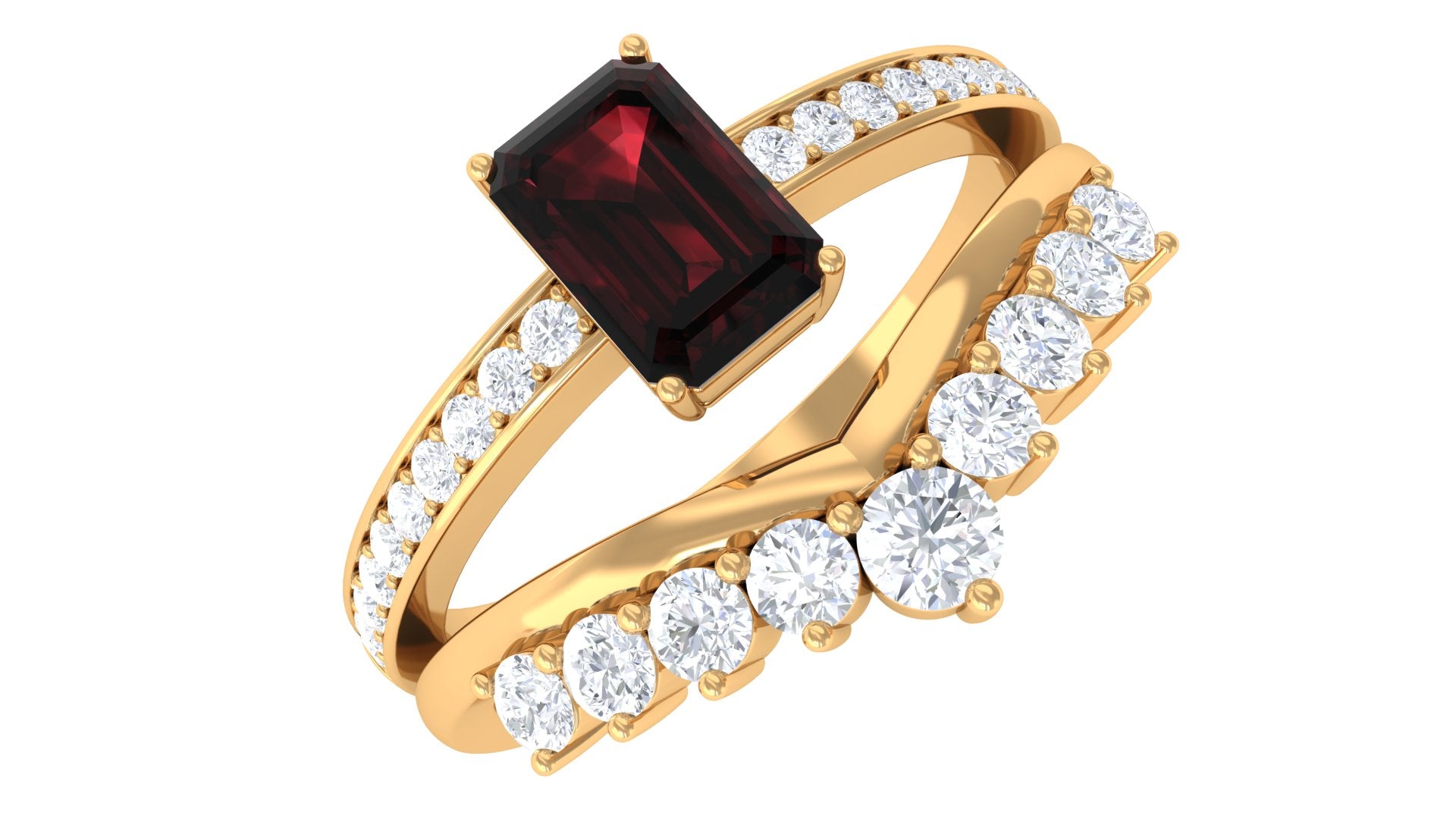 Natural Garnet Emerald Cut Engagement Ring With Diamond Wedding Band AAA - Rosec Jewels