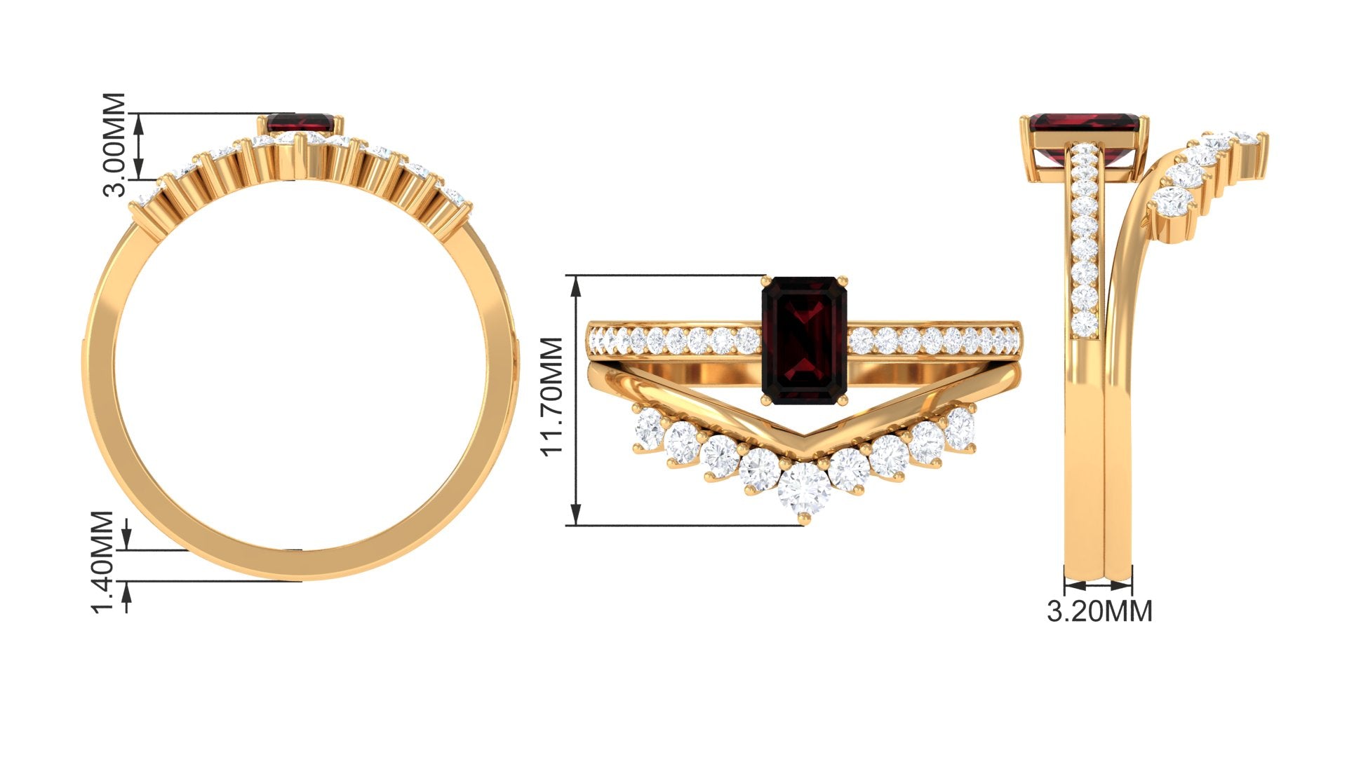 Natural Garnet Emerald Cut Engagement Ring With Diamond Wedding Band AAA - Rosec Jewels