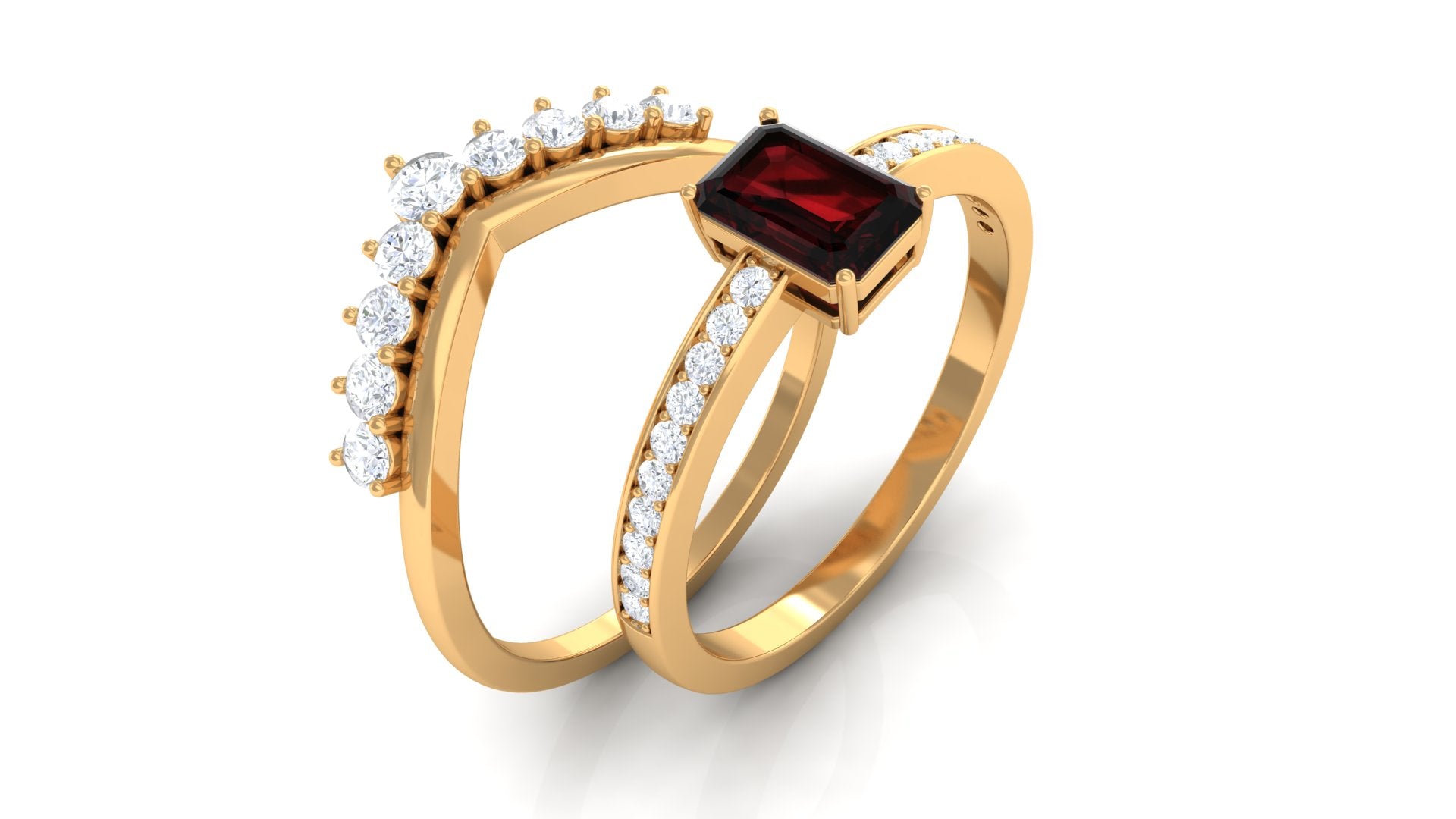 Natural Garnet Emerald Cut Engagement Ring With Diamond Wedding Band AAA - Rosec Jewels