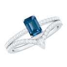 Genuine London Blue Topaz Emerald Cut Engagement Ring Set with Diamond Band AAA - Rosec Jewels