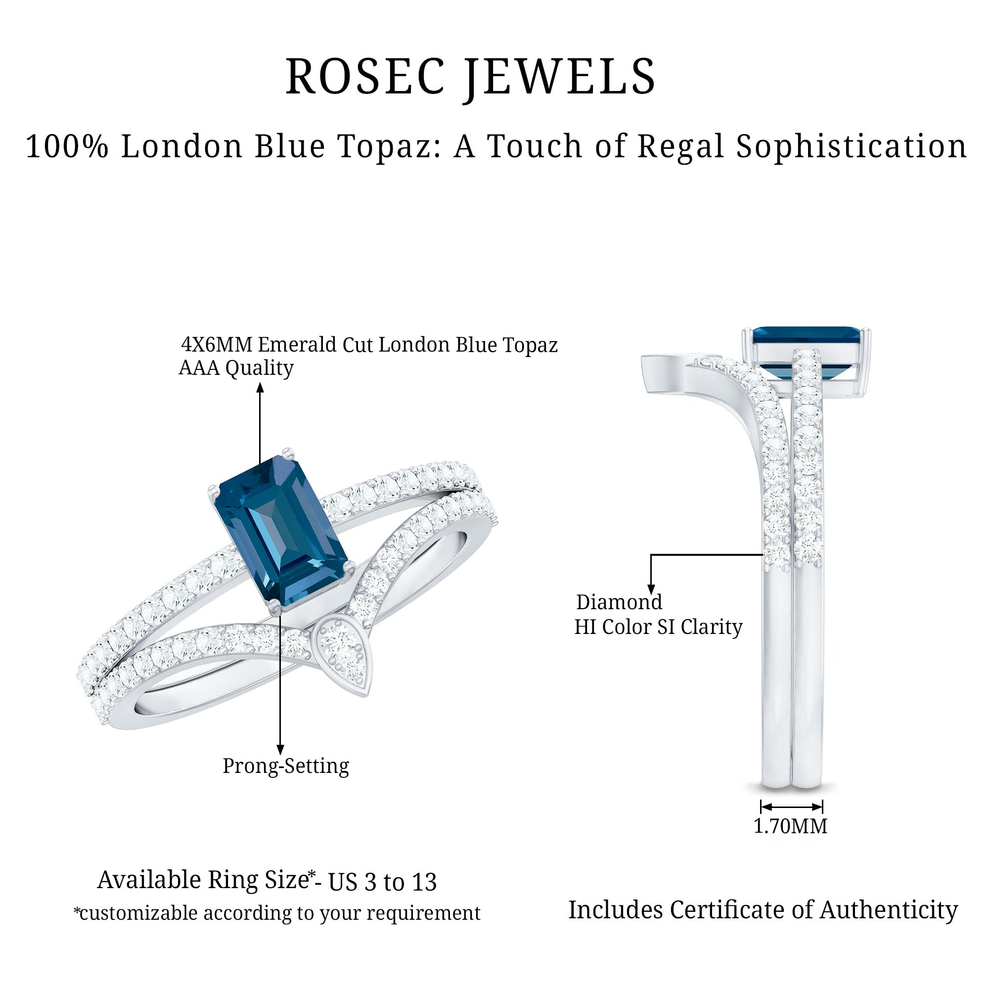 Genuine London Blue Topaz Emerald Cut Engagement Ring Set with Diamond Band AAA - Rosec Jewels