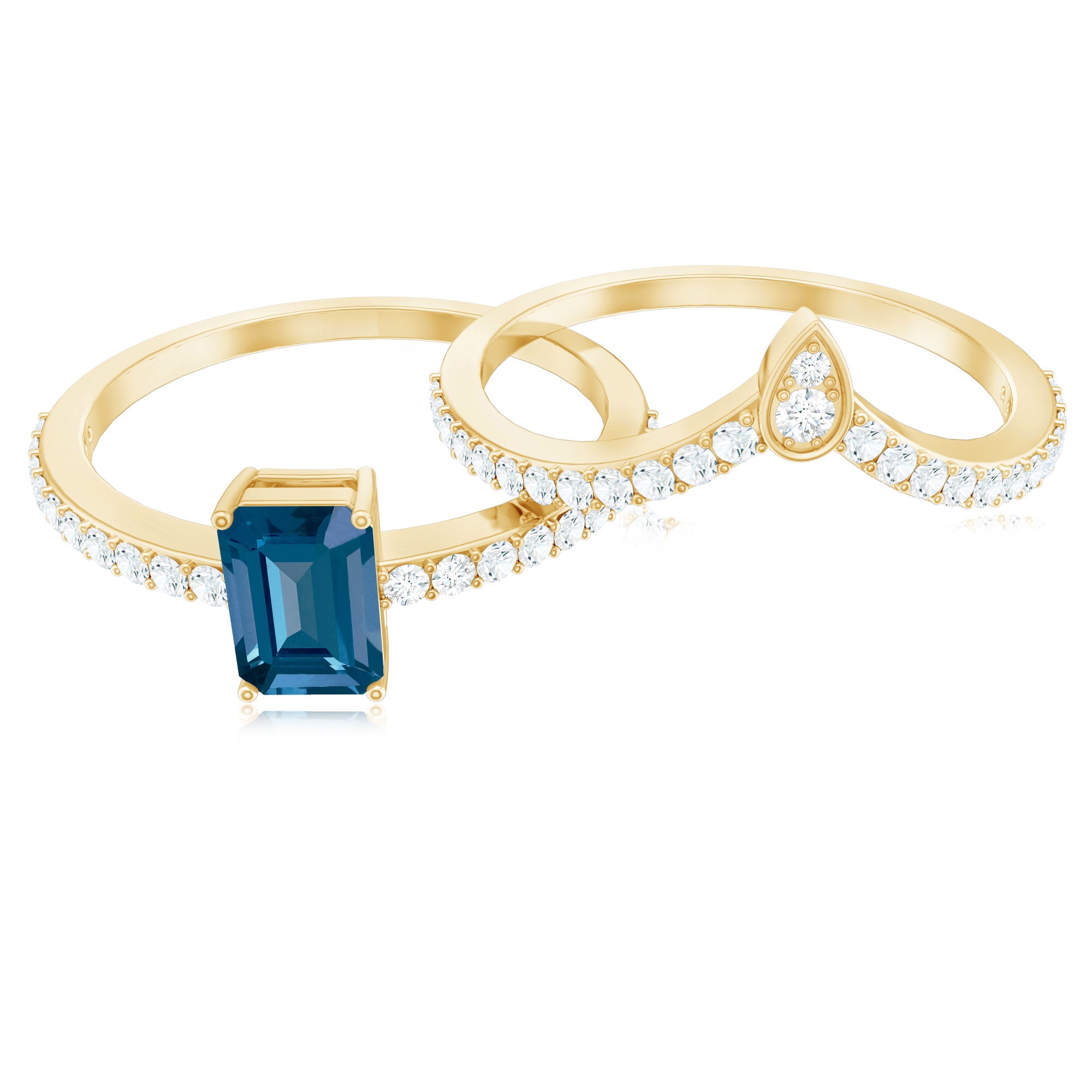 Genuine London Blue Topaz Emerald Cut Engagement Ring Set with Diamond Band AAA - Rosec Jewels