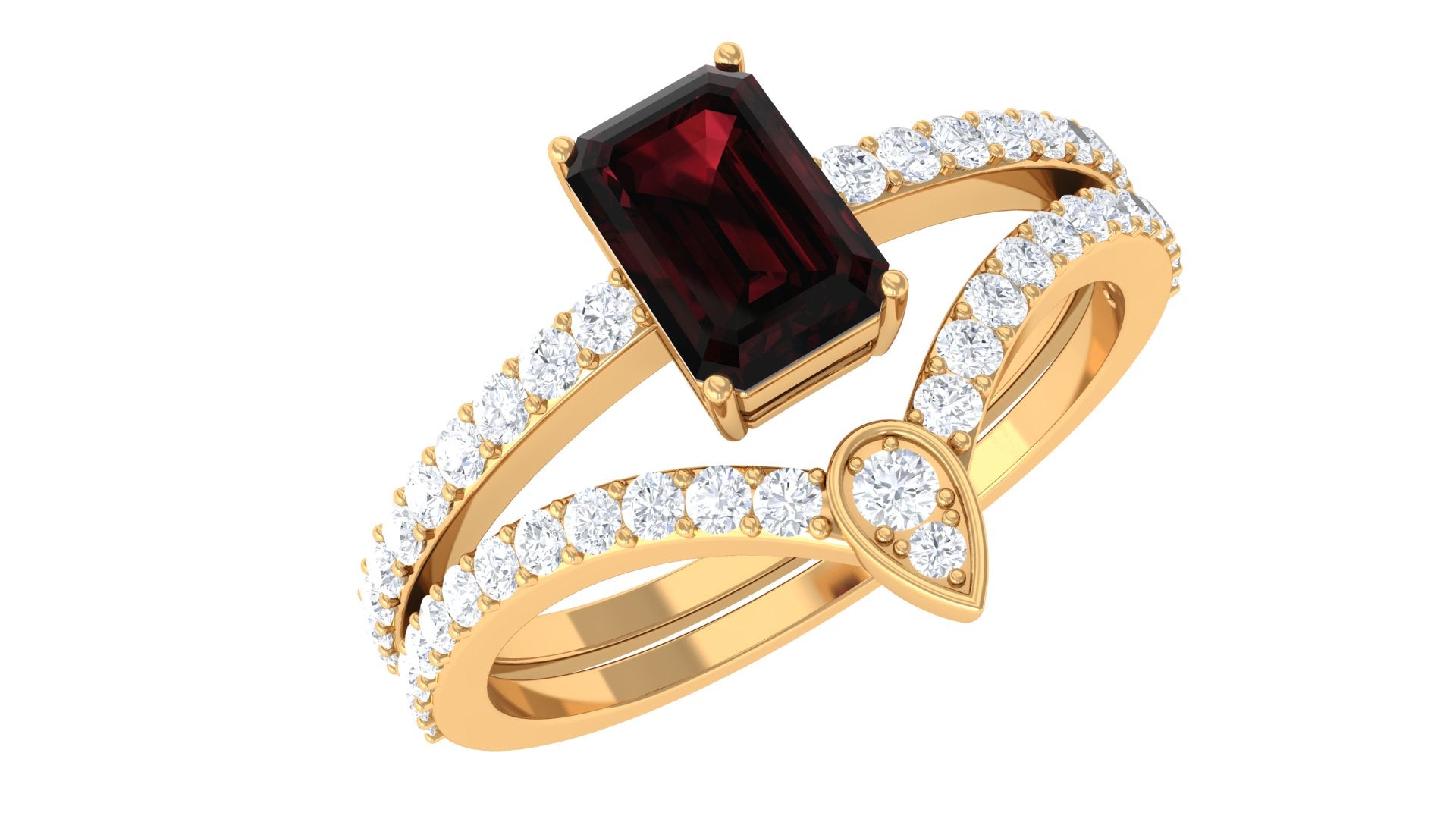 Rosec Jewels-Real Garnet Diamond Emerald Cut Wedding Bridal Ring Set of 2