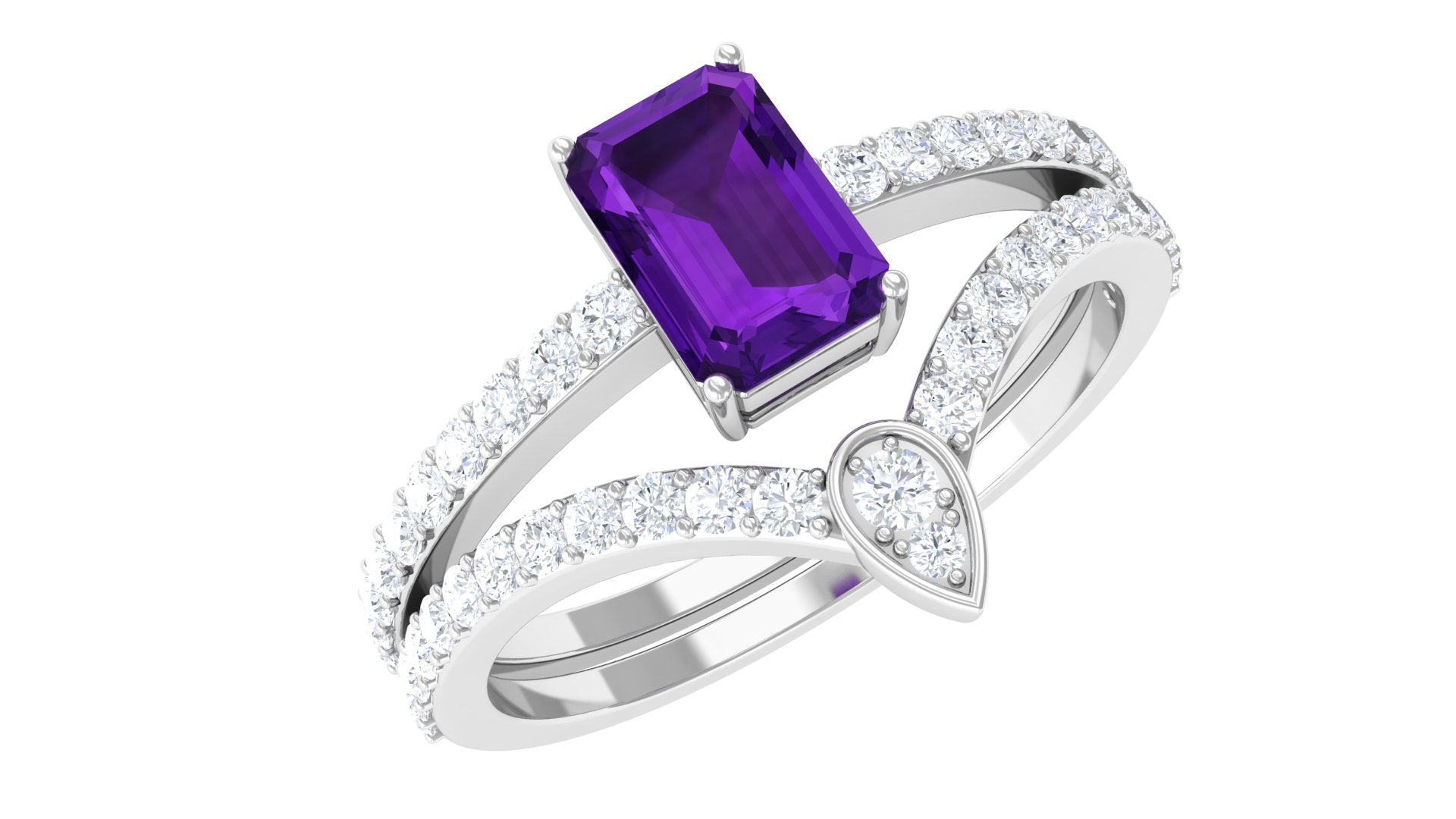 Rosec Jewels-Natural 1.4 Carat Emerald Cut Amethyst Diamond Wedding Ring Set