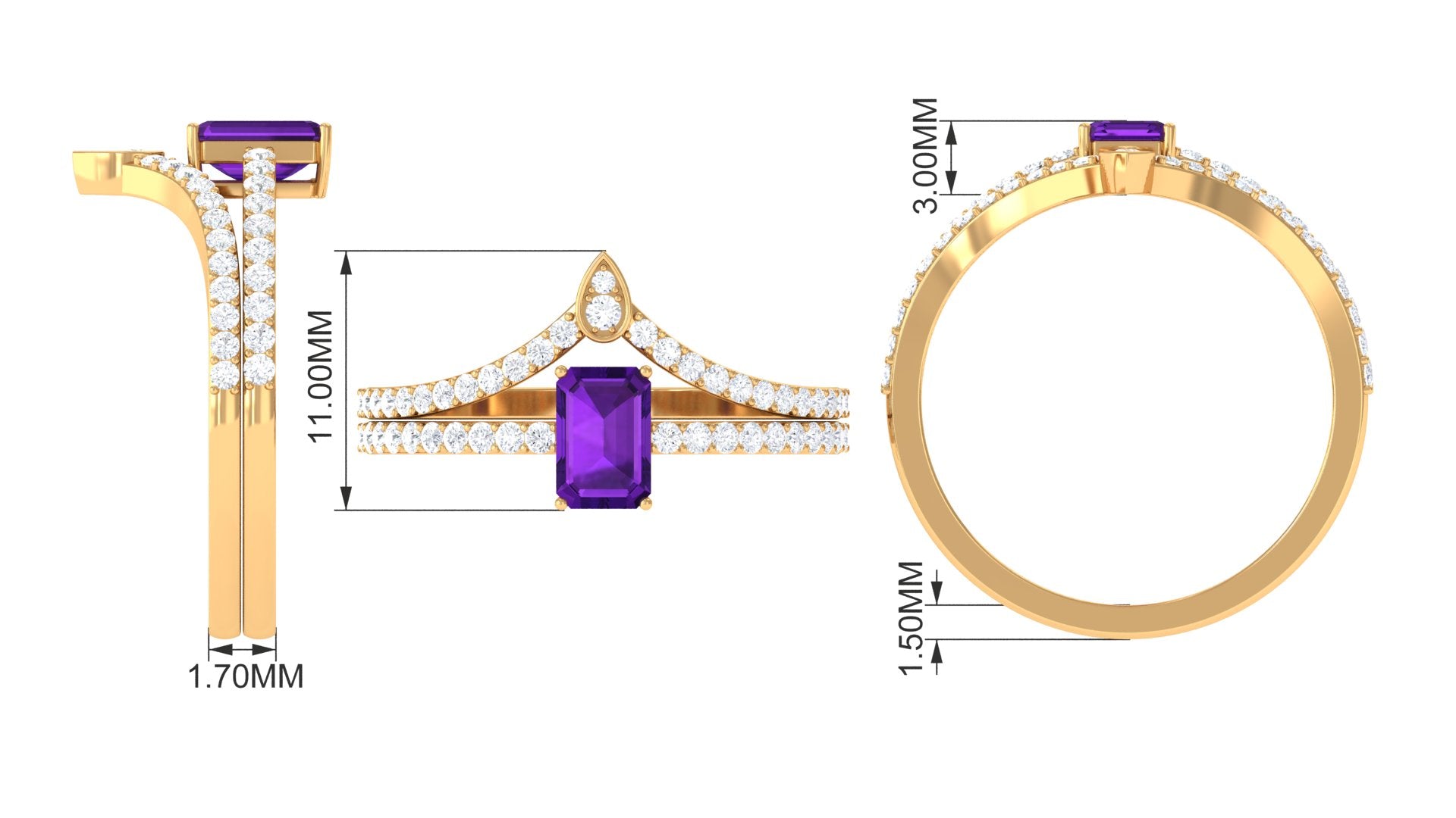 Rosec Jewels-Natural 1.4 Carat Emerald Cut Amethyst Diamond Wedding Ring Set