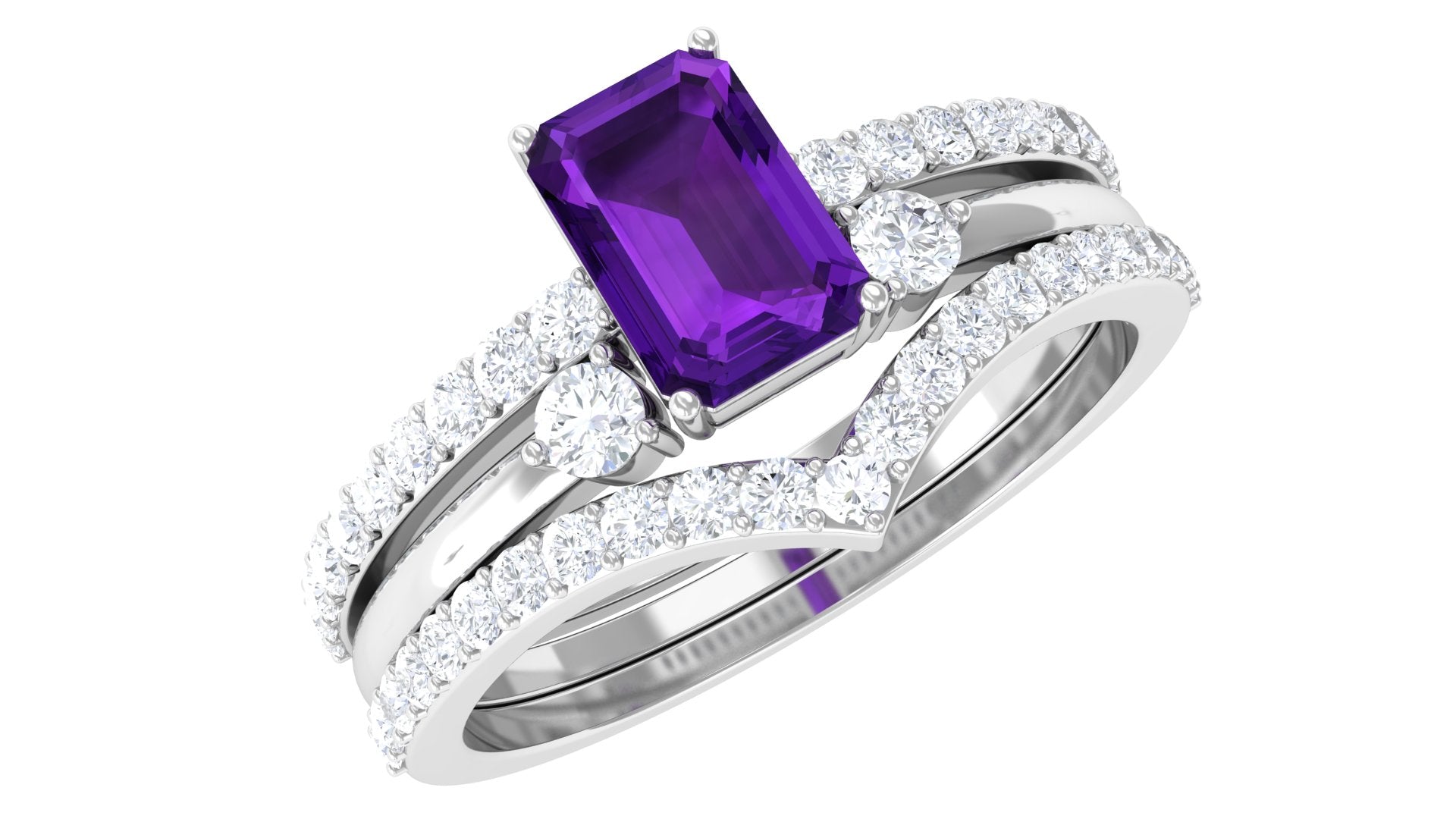 Rosec Jewels-Natural 1.4 Carat Emerald Cut Amethyst Diamond 3 Piece Bridal Ring Set