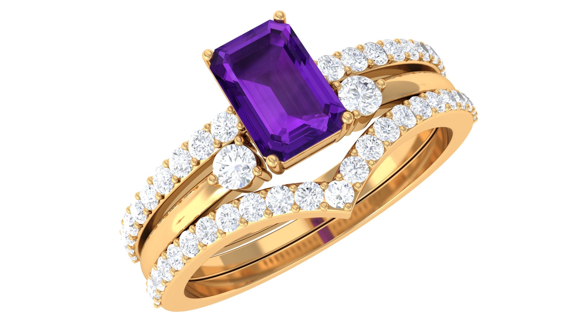 Rosec Jewels-Natural 1.4 Carat Emerald Cut Amethyst Diamond 3 Piece Bridal Ring Set