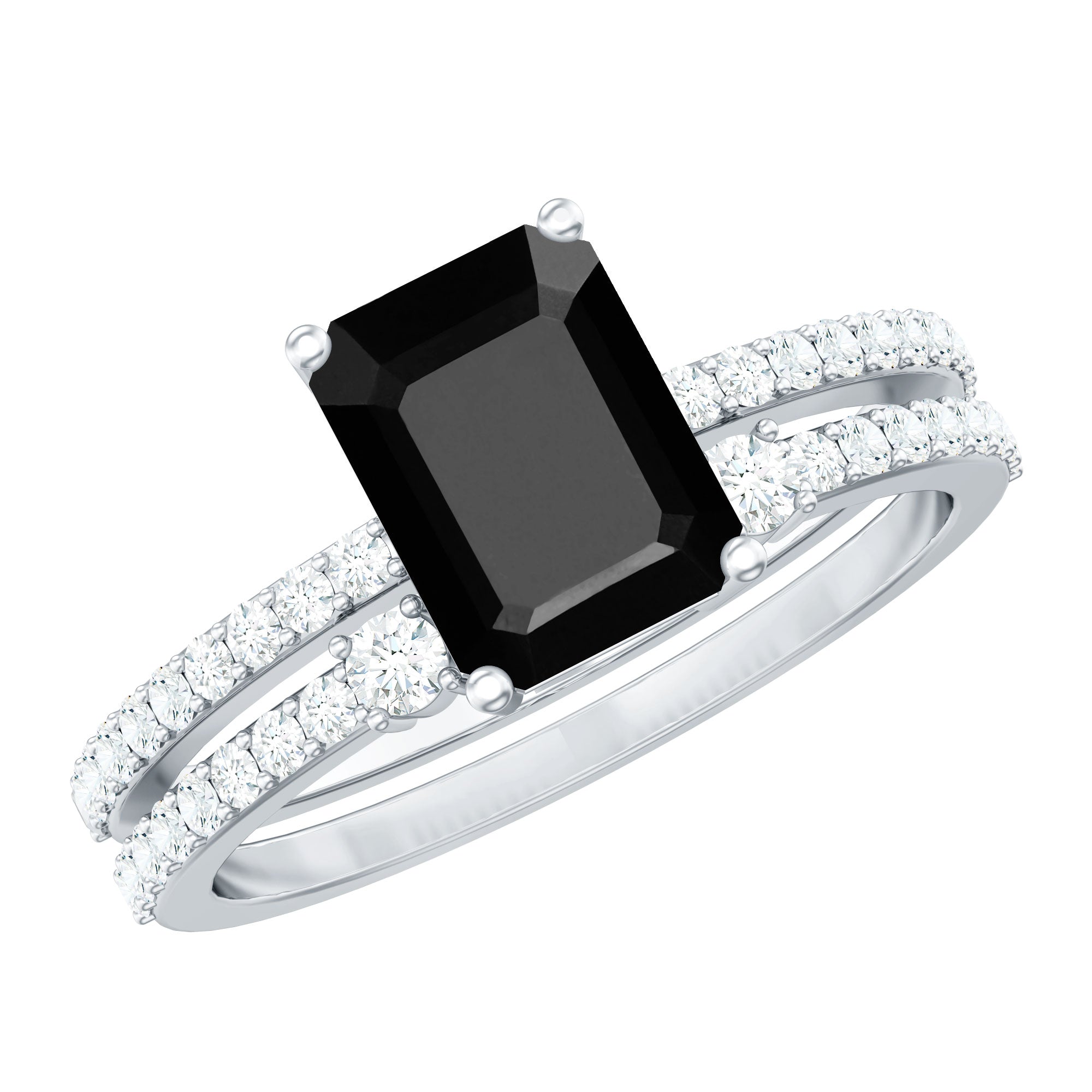 Emerald Cut Created Black Diamond Engagement Ring Set with Diamond AAAA ( Synthetic ) - Rosec Jewels