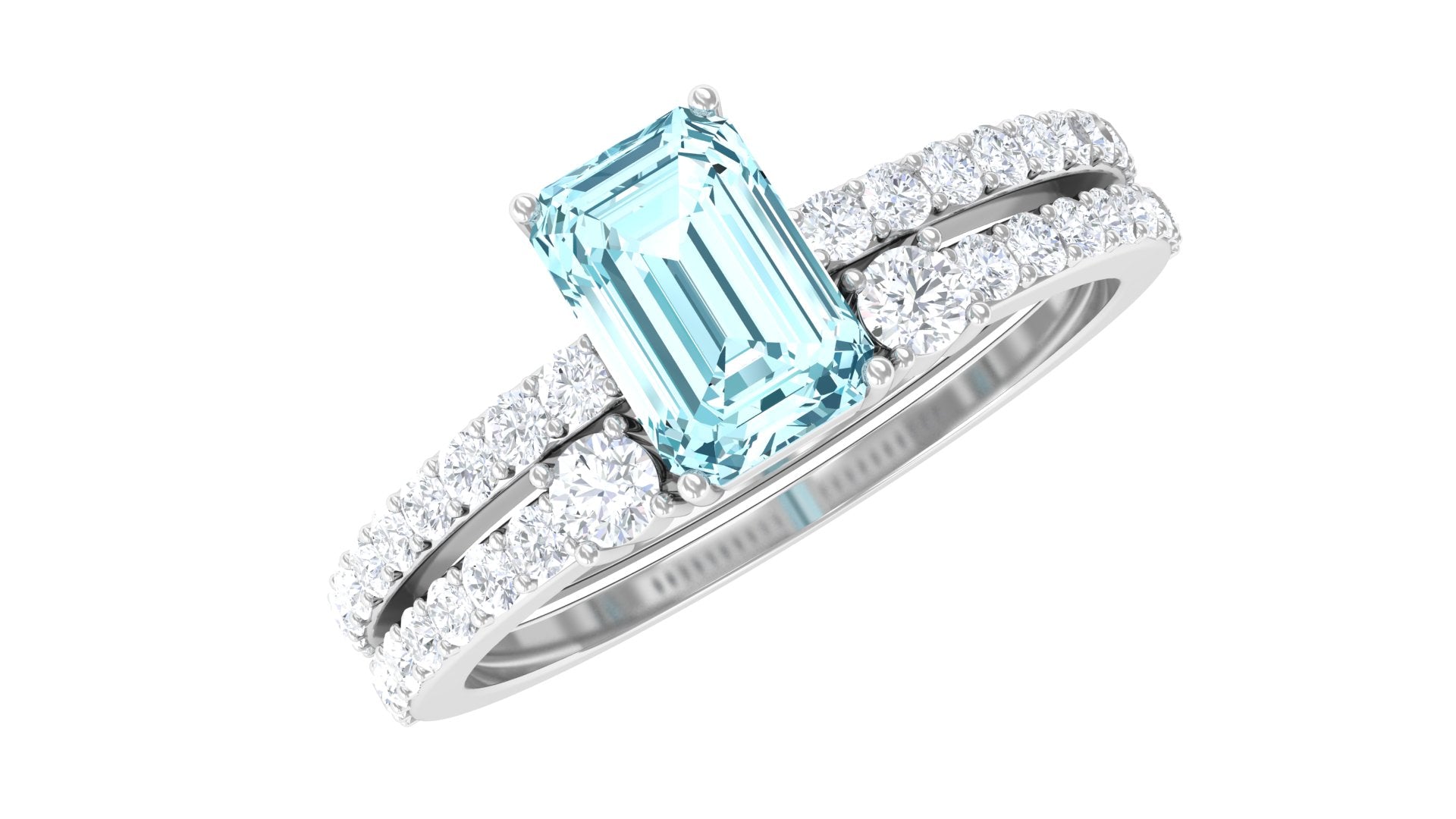 Rosec Jewels-Natural 0.6 Carat Aquamarine and Diamond Emerald Cut Bridal Ring Set