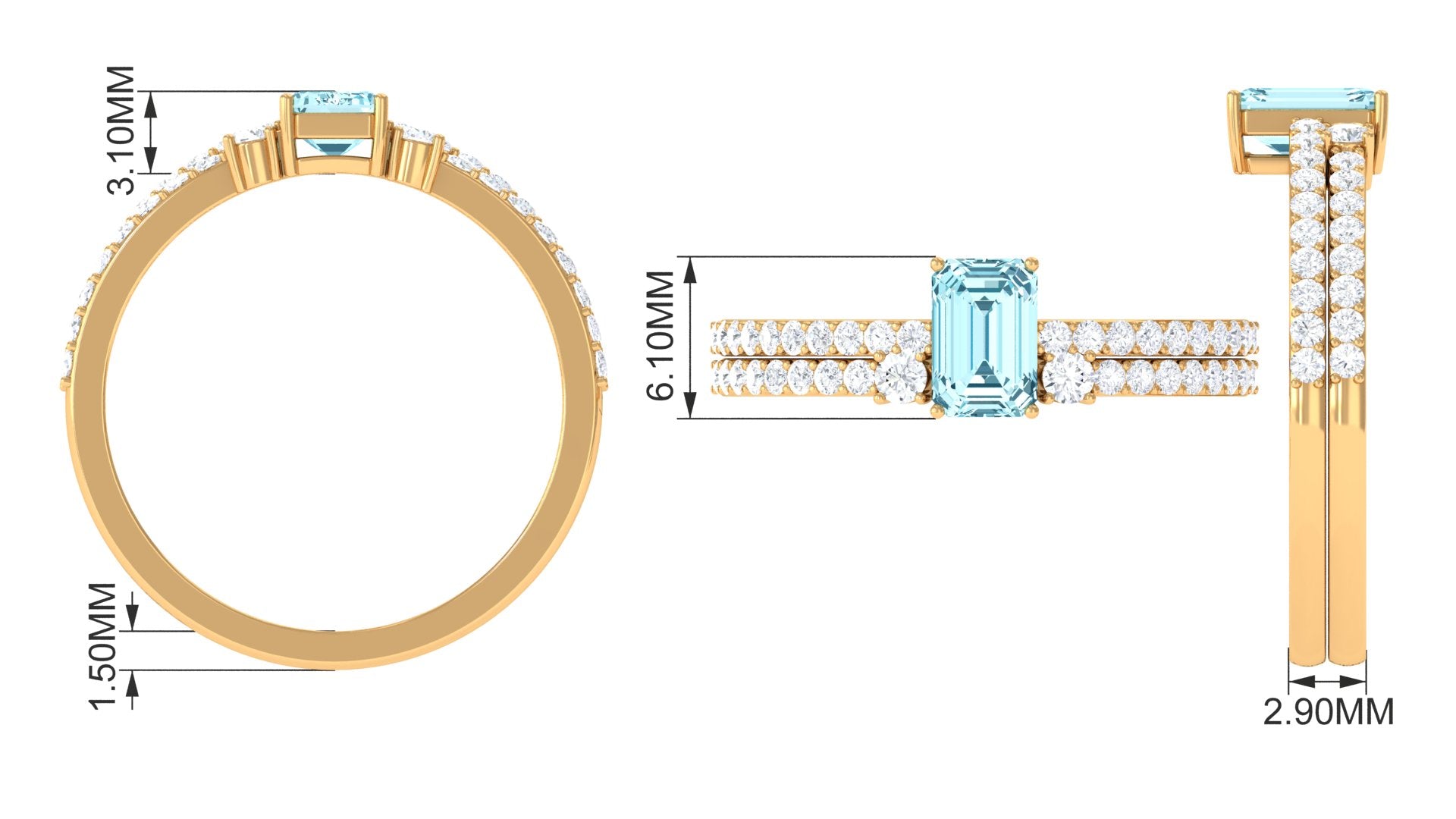 Rosec Jewels-Natural 0.6 Carat Aquamarine and Diamond Emerald Cut Bridal Ring Set