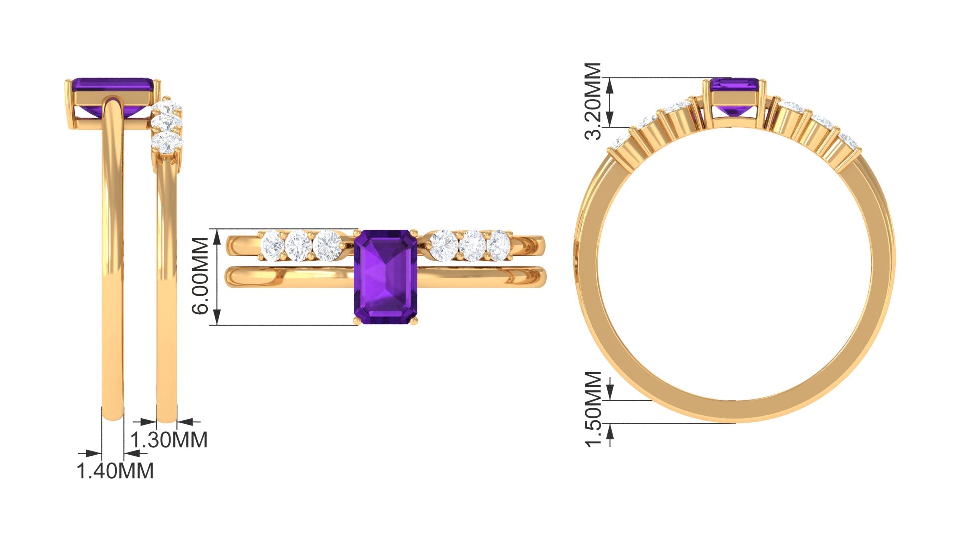 1.4 Carat Emerald Cut Amethyst Engagement Ring with Diamond Enhancer AAA - Rosec Jewels