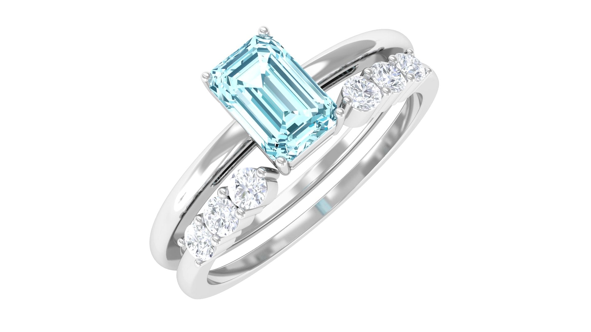 Rosec Jewels-Solitaire 4X6MM Aquamarine and Diamond Emerald Cut Stackable Ring Set
