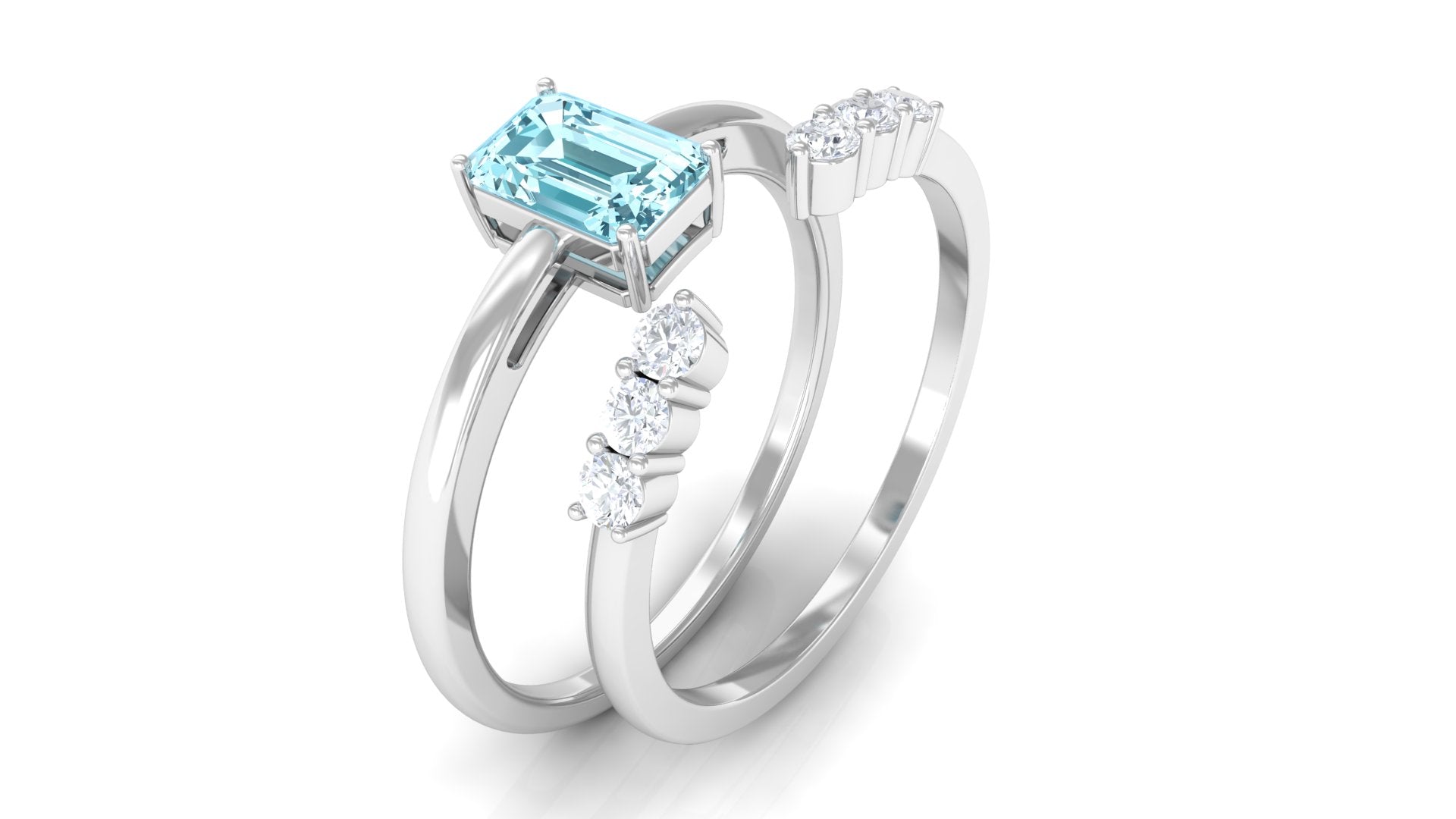 Rosec Jewels-Solitaire 4X6MM Aquamarine and Diamond Emerald Cut Stackable Ring Set