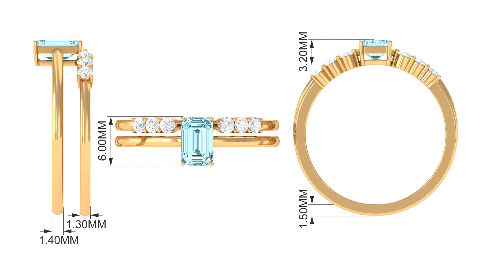 Rosec Jewels-Solitaire 4X6MM Aquamarine and Diamond Emerald Cut Stackable Ring Set