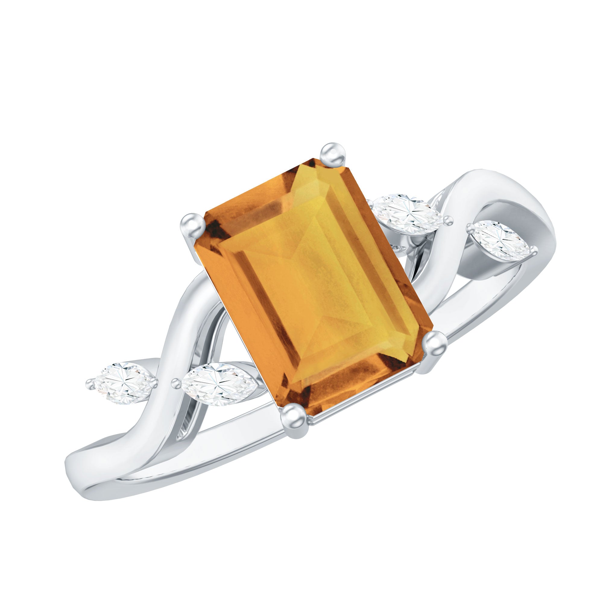Octagon Cut Citrine and Diamond Solitaire Engagement Ring in Split Shank