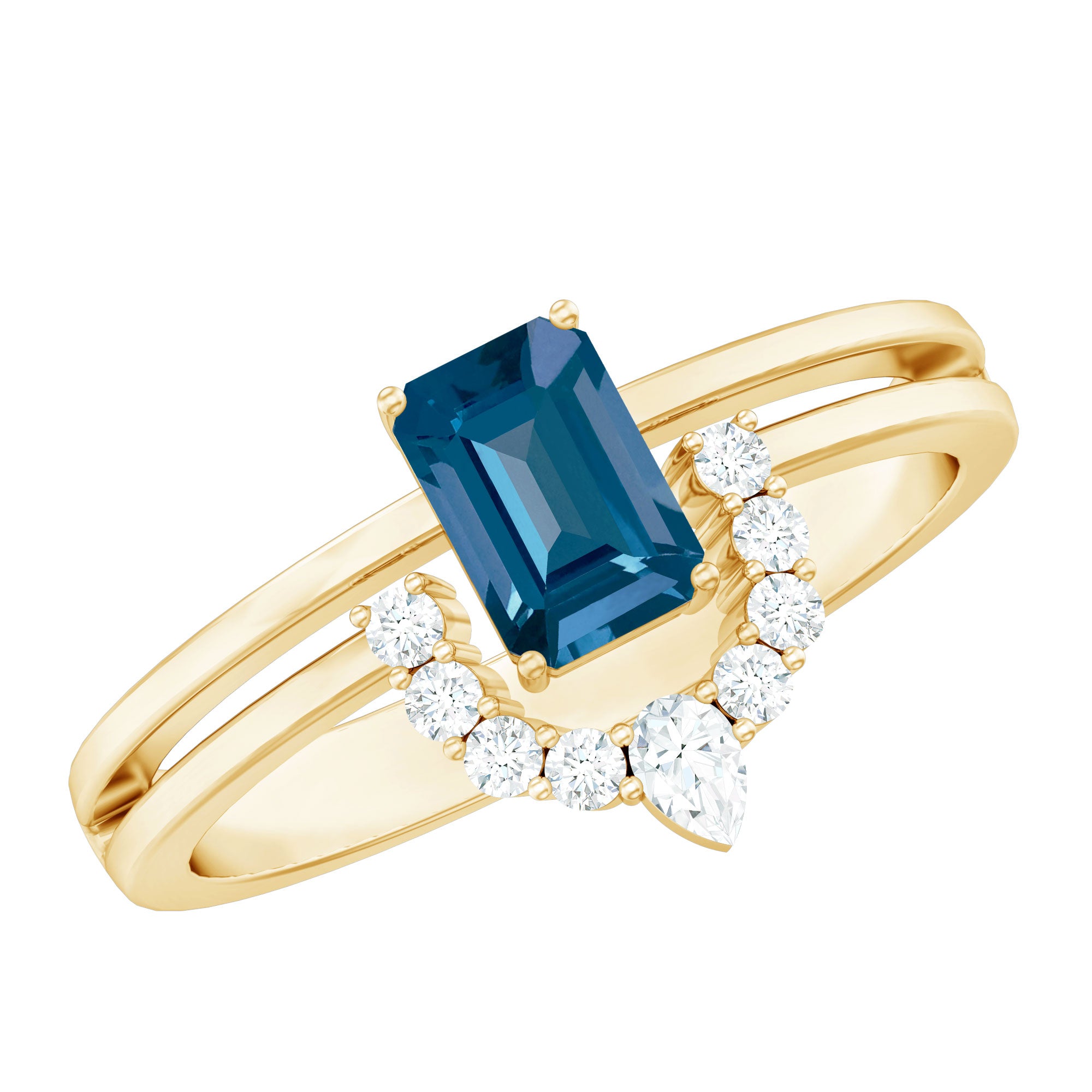 Rosec Jewels-Emerald Cut London Blue Topaz Double Band Engagement Ring with Diamond
