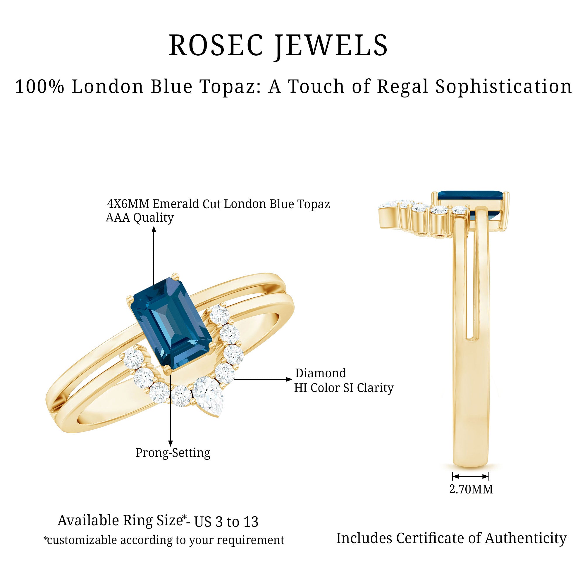 Rosec Jewels-Emerald Cut London Blue Topaz Double Band Engagement Ring with Diamond