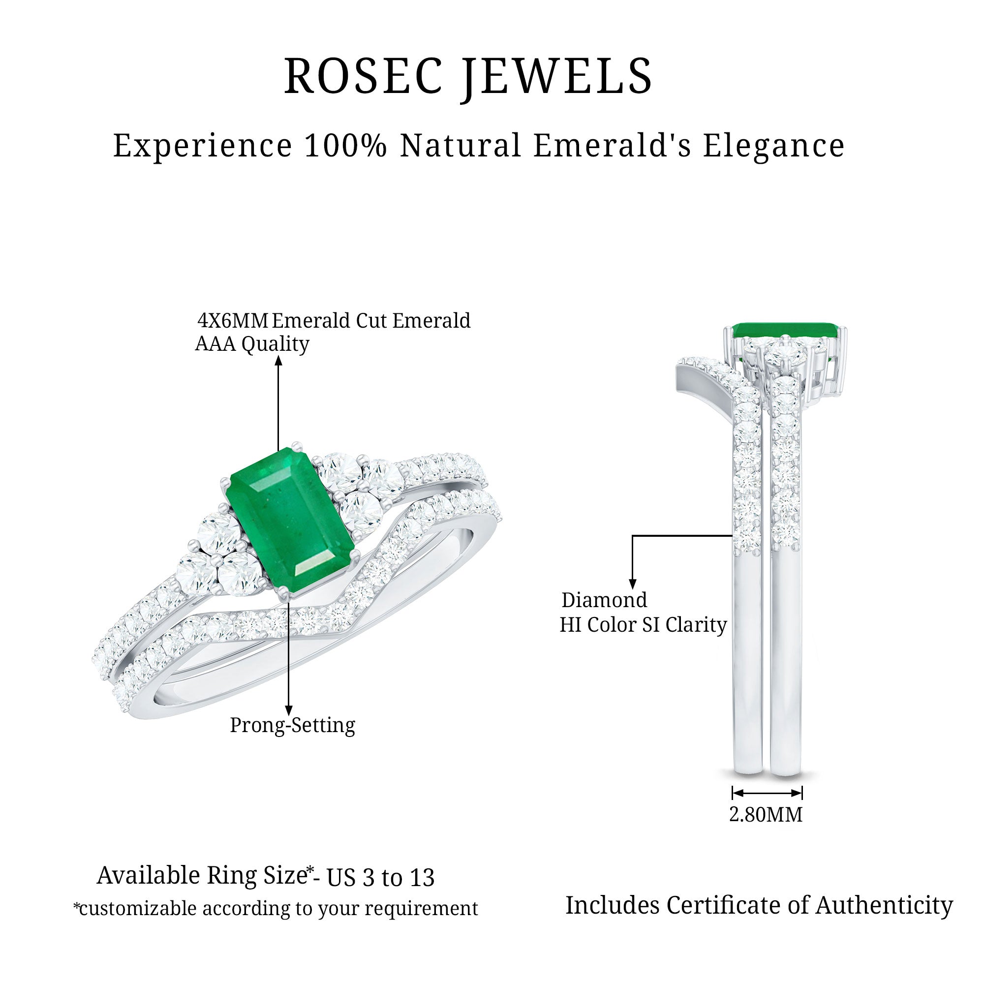 Rosec Jewels-Genuine Emerald Cut Emerald Diamond Bridal Ring Set of 2