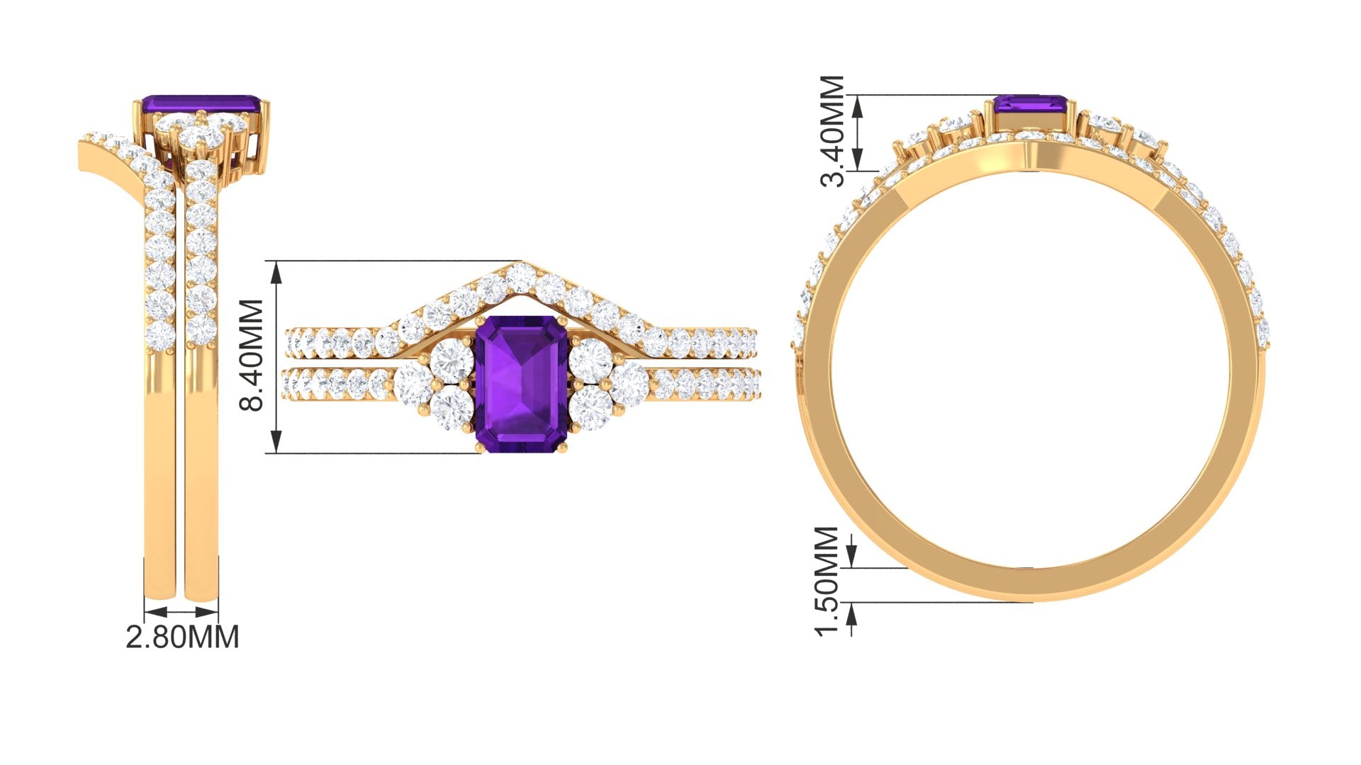 Rosec Jewels-Genuine 1.4 Carat Emerald Cut Amethyst Wedding Ring Set with Diamond