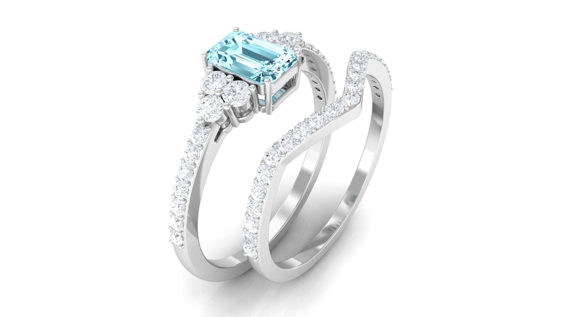 Rosec Jewels-Genuine Aquamarine and Diamond Emerald Cut Wedding Ring Set with Certificate