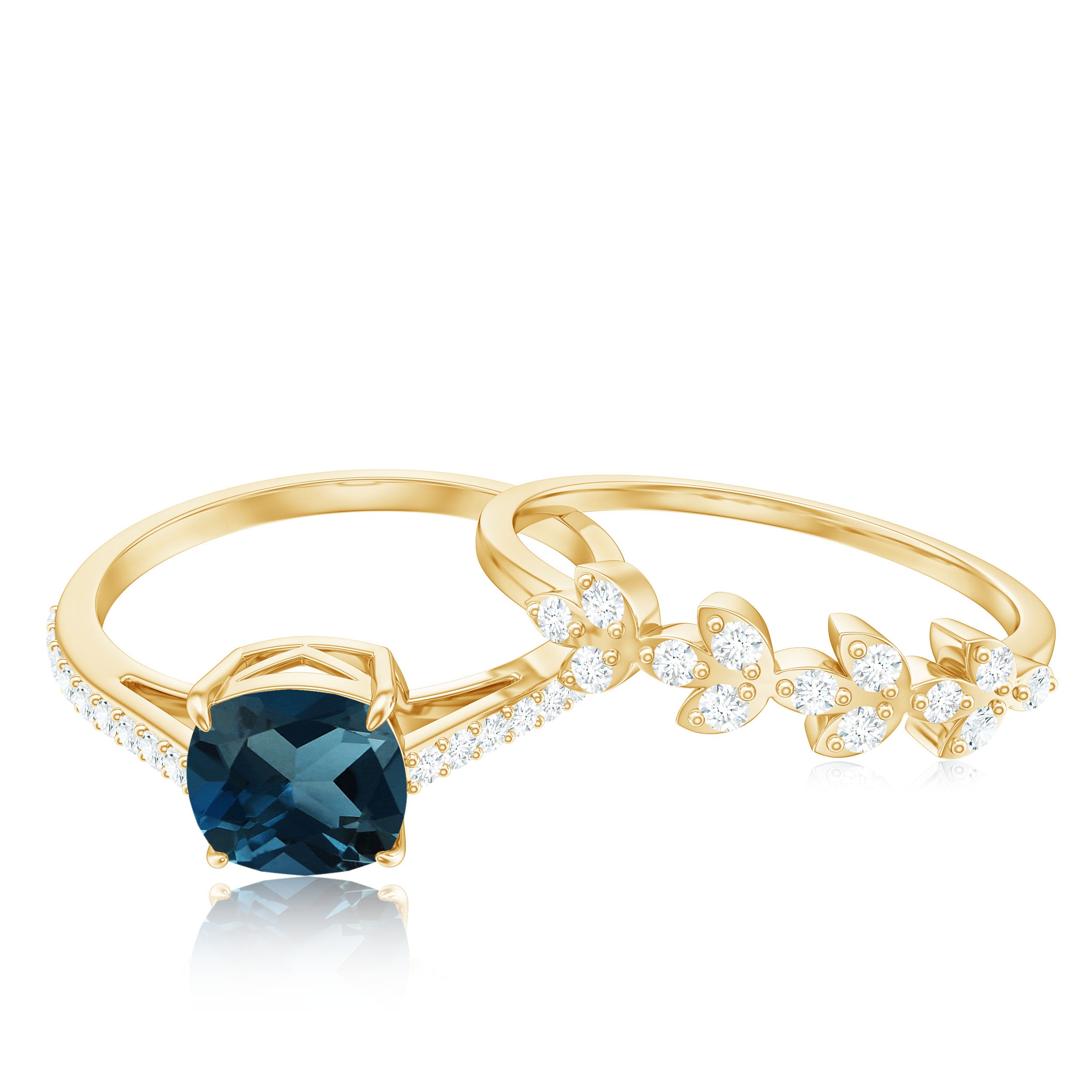 8mm Cushion Cut London Blue Topaz and Diamond Engagement Ring with Wedding Band AAA - Rosec Jewels
