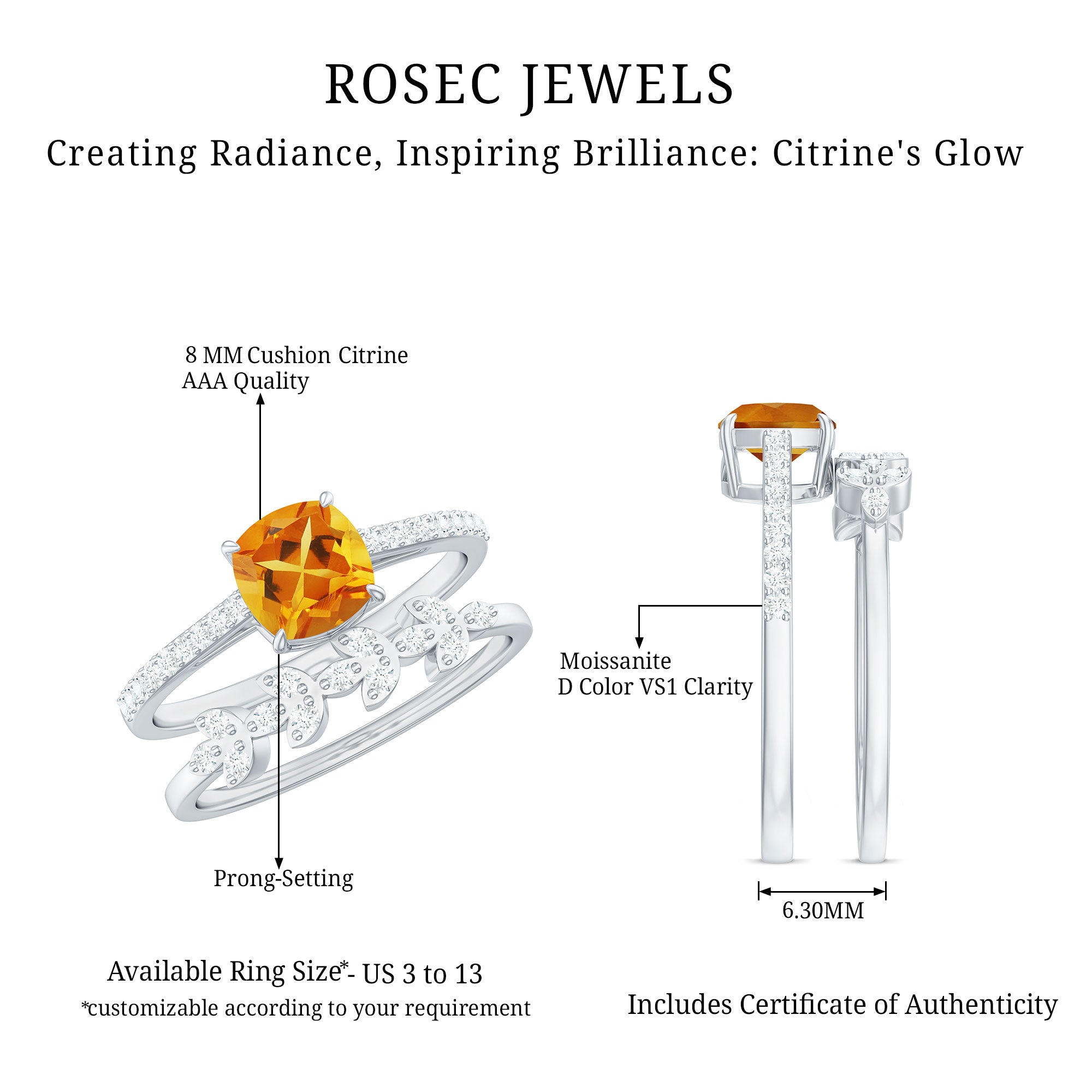 Certified Citrine and Diamond Wedding Bridal Ring Set of 2 AAA - Rosec Jewels