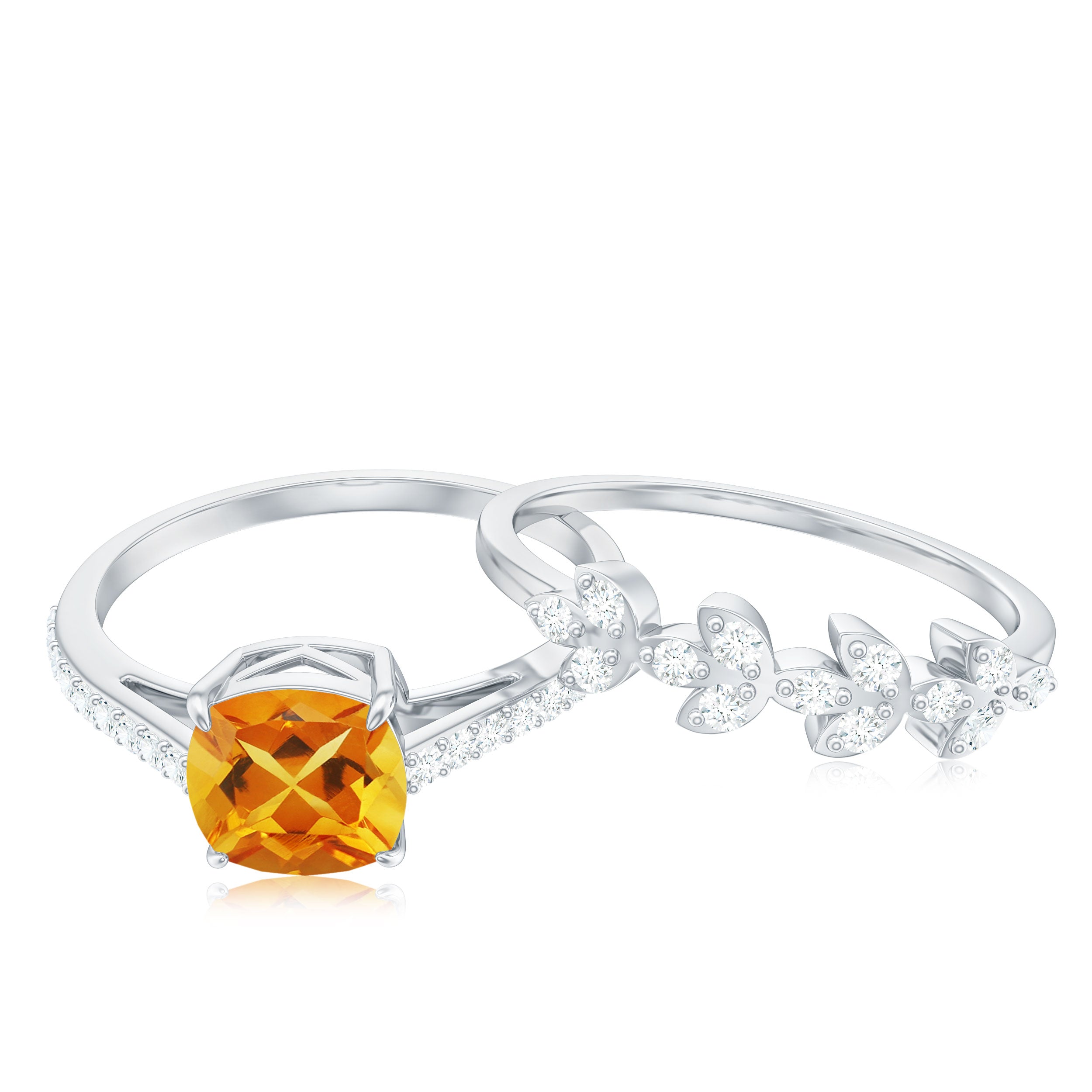 Certified Citrine and Diamond Wedding Bridal Ring Set of 2 AAA - Rosec Jewels