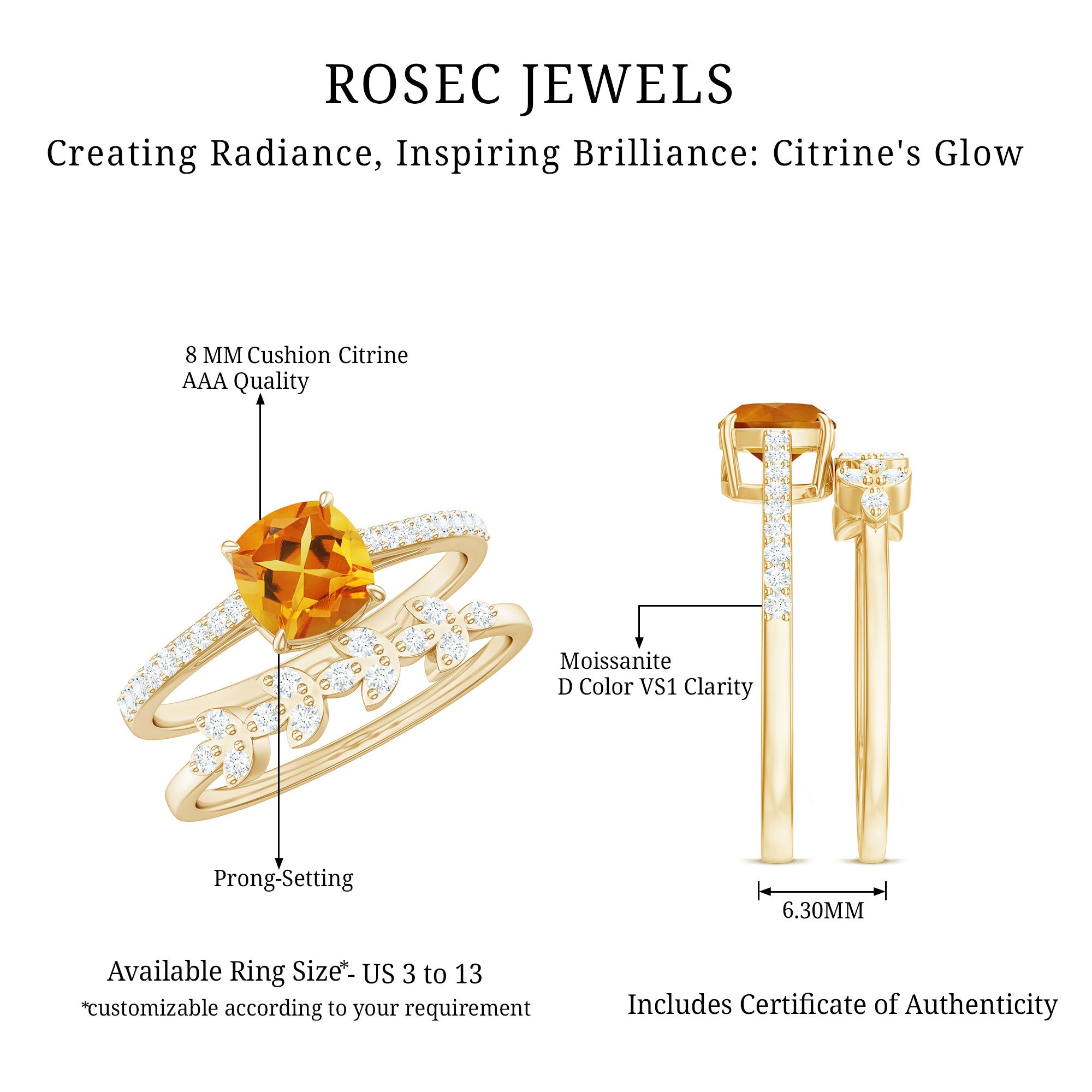 Certified Citrine and Diamond Wedding Bridal Ring Set of 2 AAA - Rosec Jewels