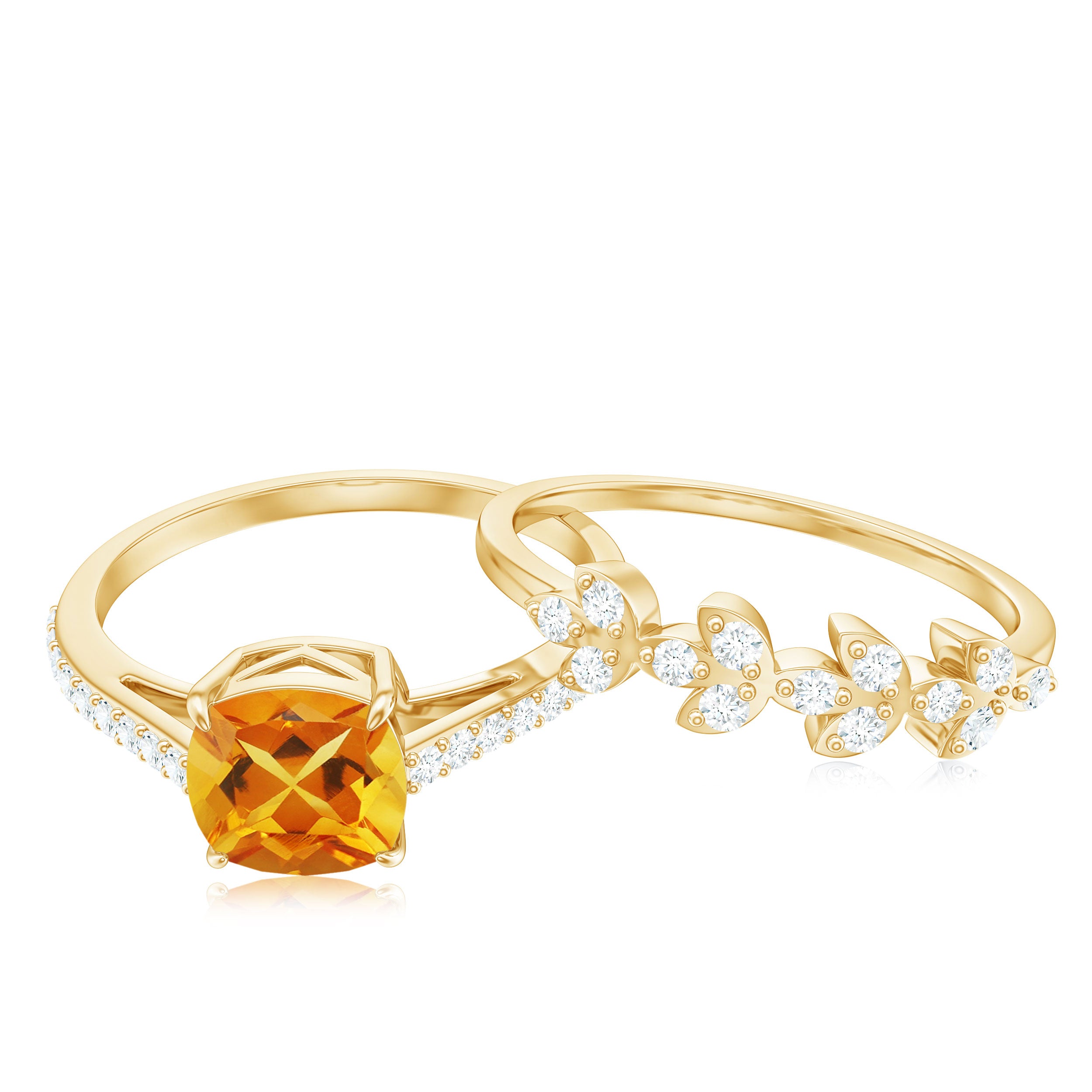 Certified Citrine and Diamond Wedding Bridal Ring Set of 2 AAA - Rosec Jewels