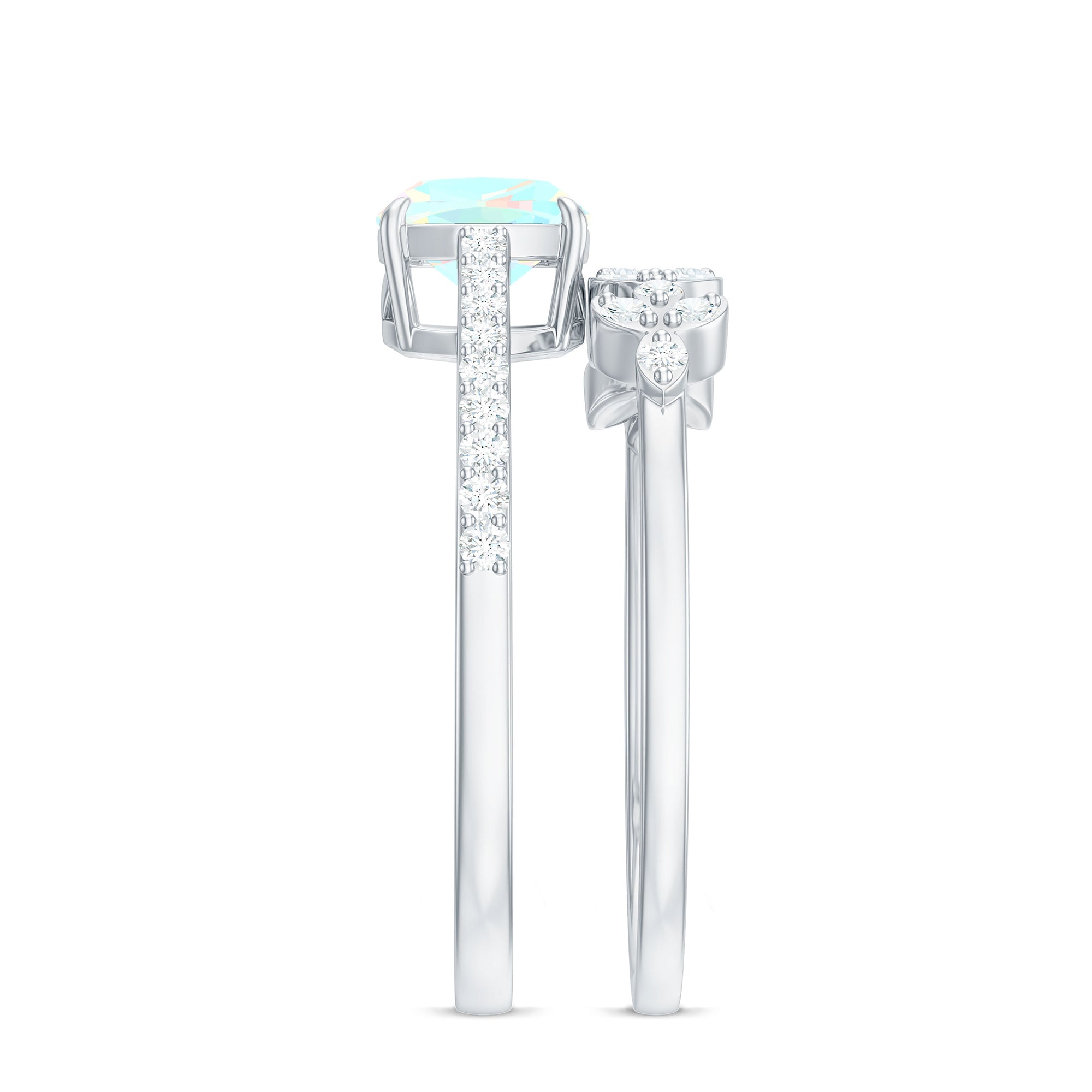 6 mm Cushion Cut Ethiopian Opal Solitaire Ring Set with Diamond Stackable Band AAA - Rosec Jewels