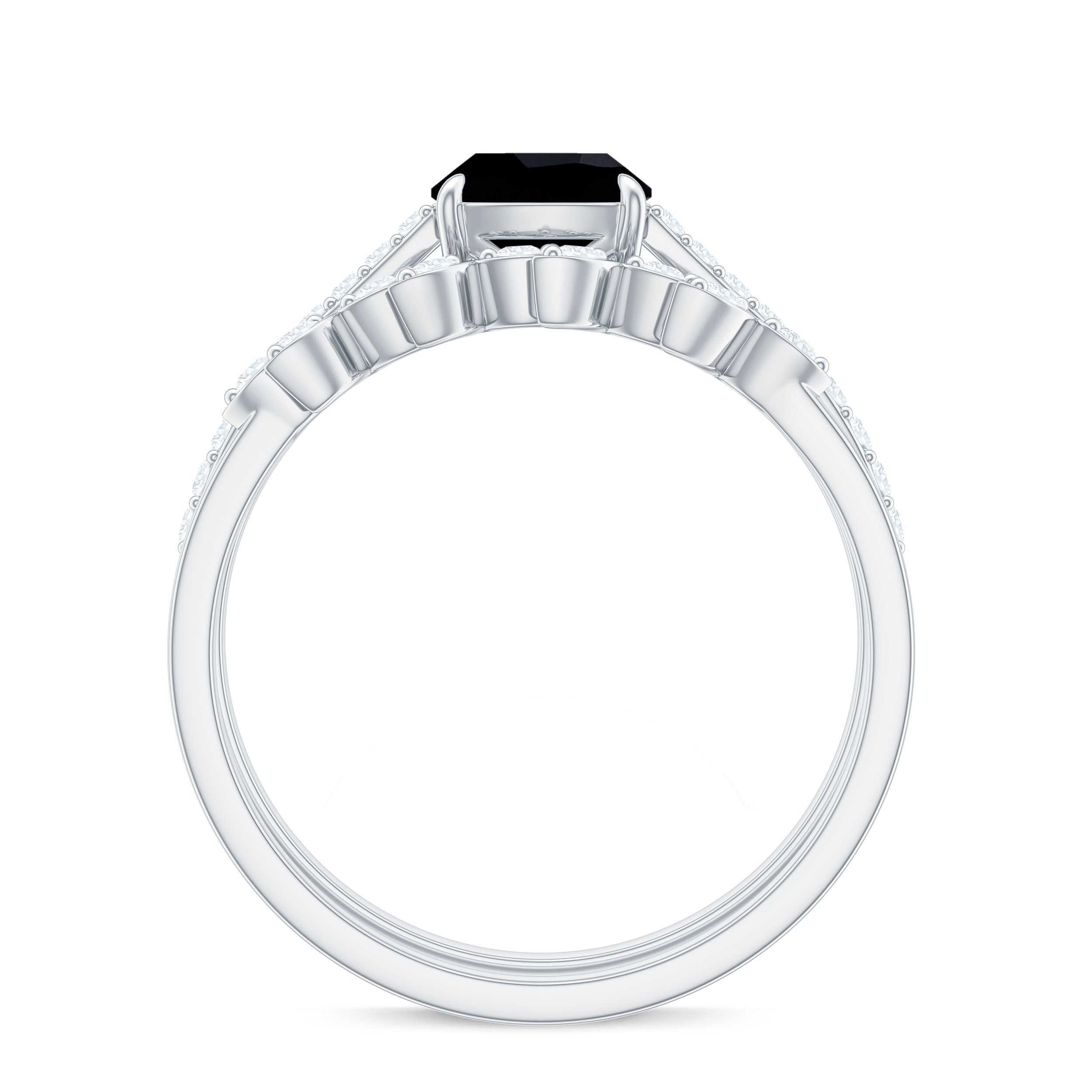 Cushion Cut Black Onyx and Diamond Engagement Ring with Leaf Wedding Band AAA - Rosec Jewels