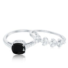 Cushion Cut Black Onyx and Diamond Engagement Ring with Leaf Wedding Band AAA - Rosec Jewels