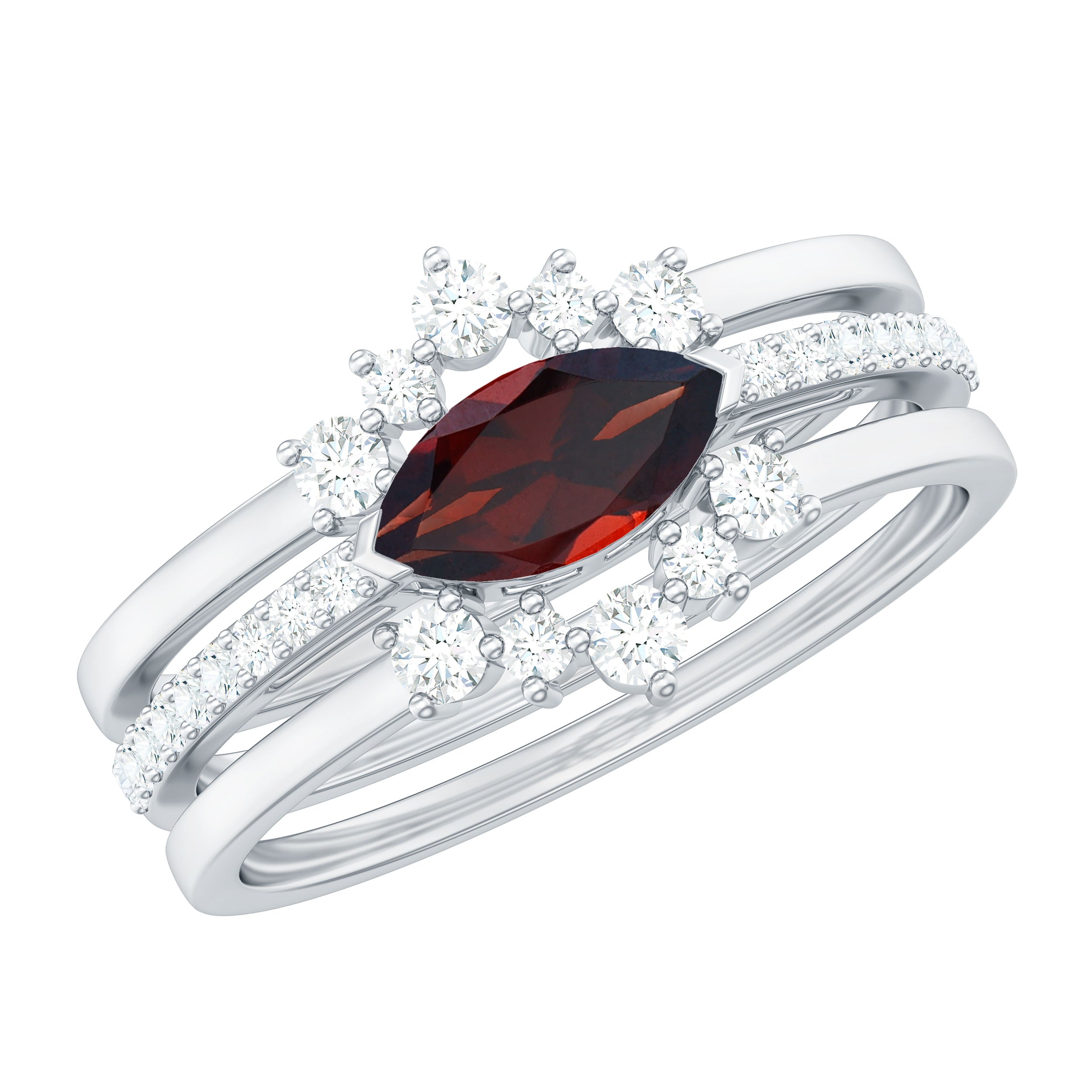 Rosec Jewels-Natural Garnet Marquise Engagement Wedding Ring Set of 3 with Diamond