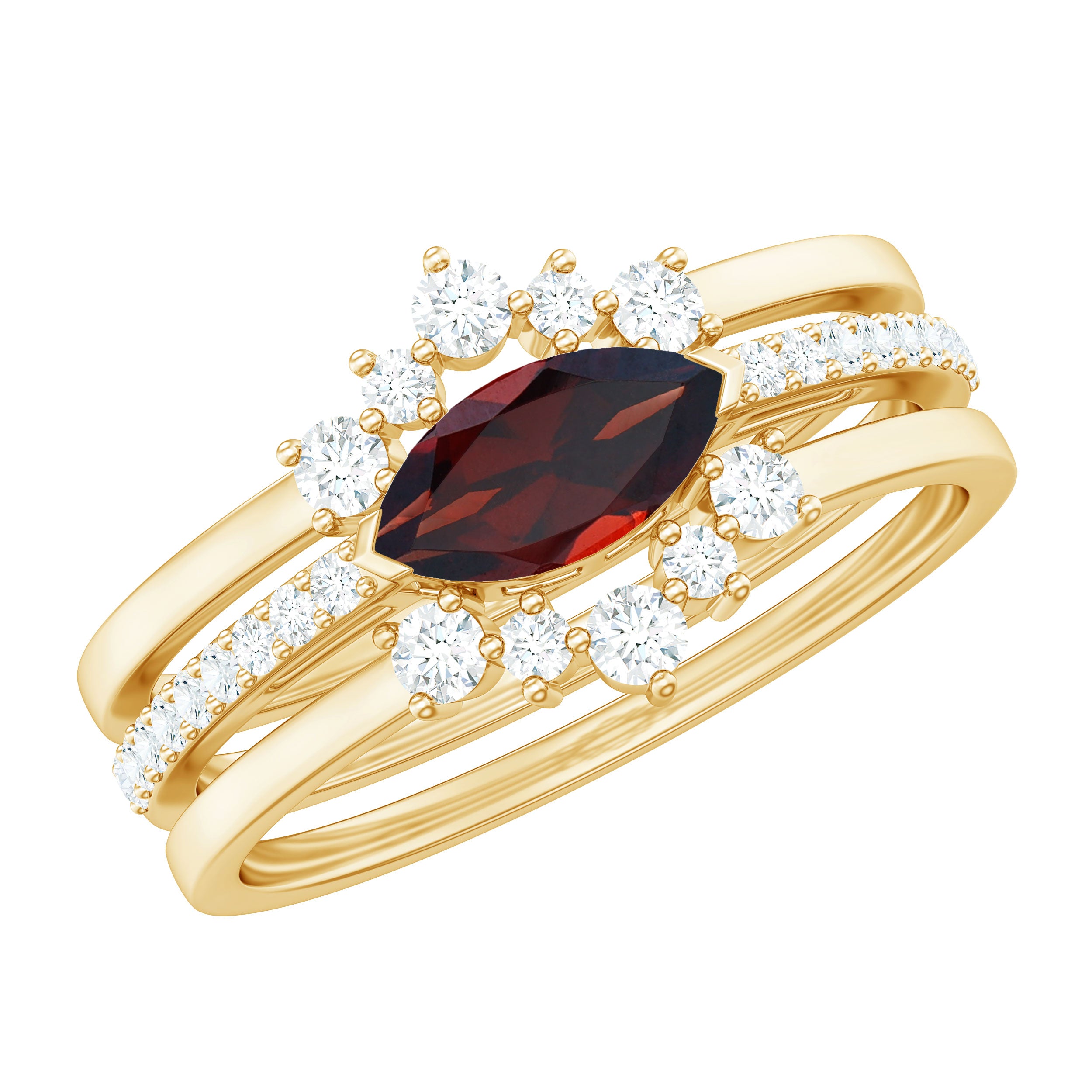 Rosec Jewels-Natural Garnet Marquise Engagement Wedding Ring Set of 3 with Diamond