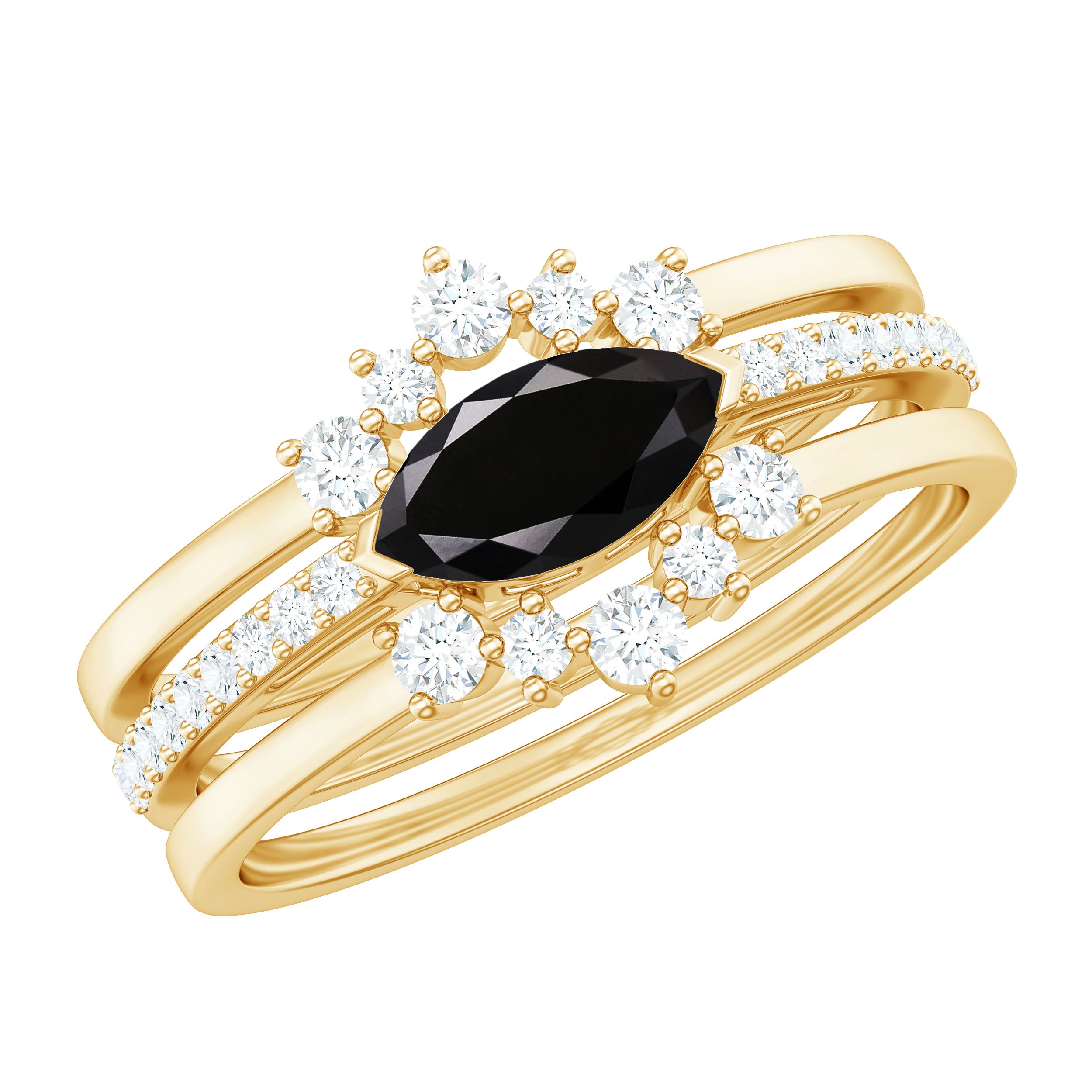 East West Set Black Onyx and Diamond Trio Wedding Ring Set AAA - Rosec Jewels